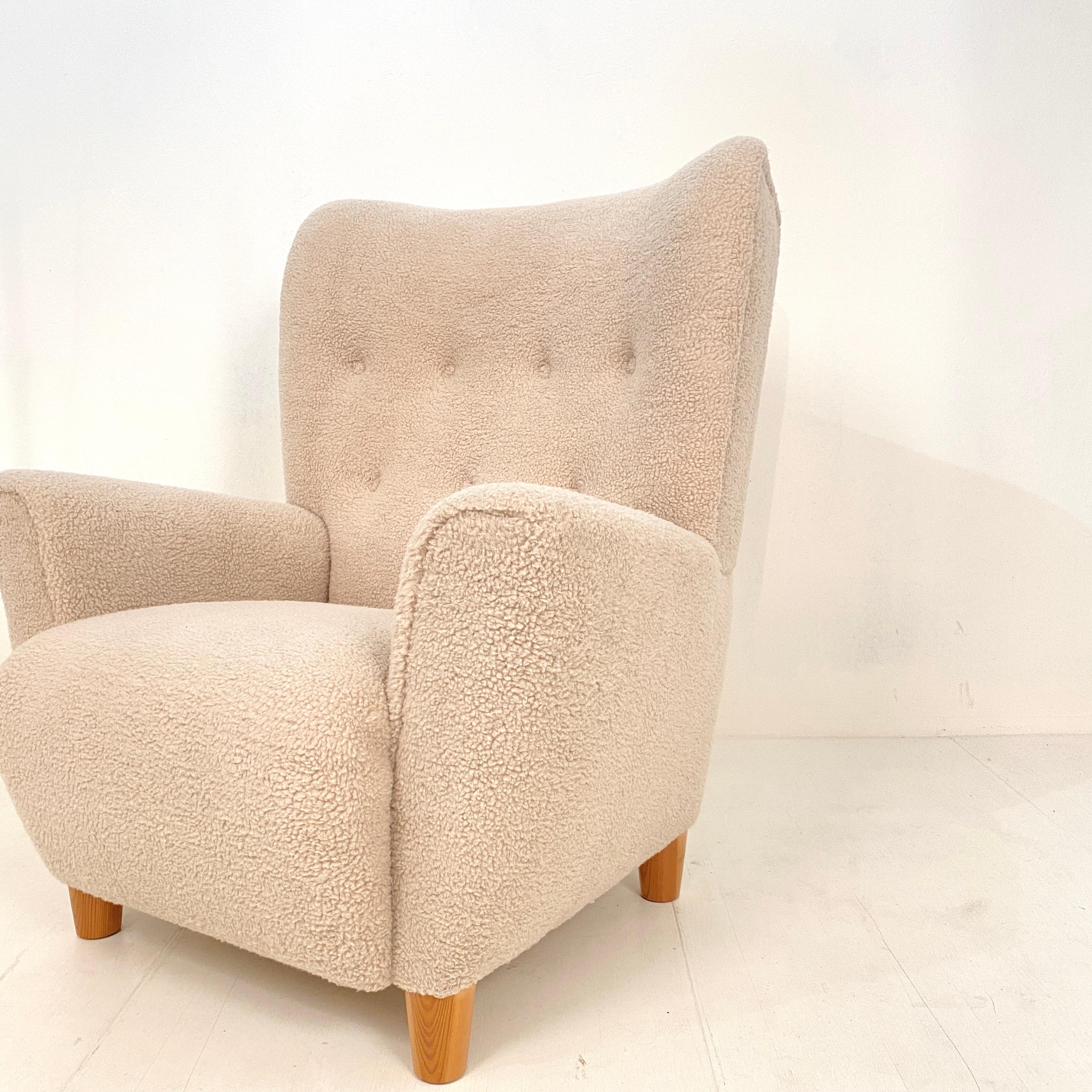 Mid Century Danish Shearling High Back Wing Chair / Armchair, Around 1970s 3