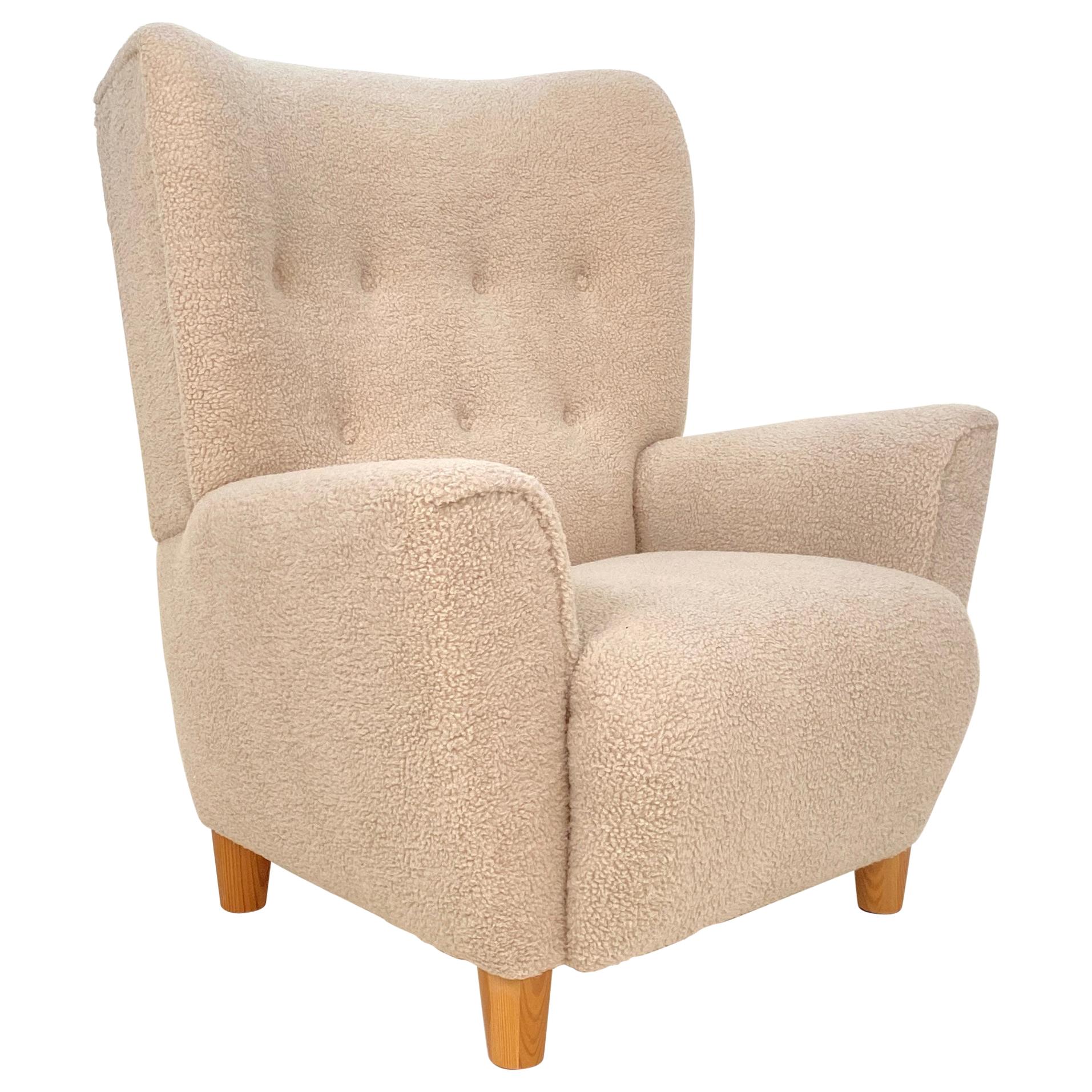 Mid Century Danish Shearling High Back Wing Chair / Armchair, Around 1970s
