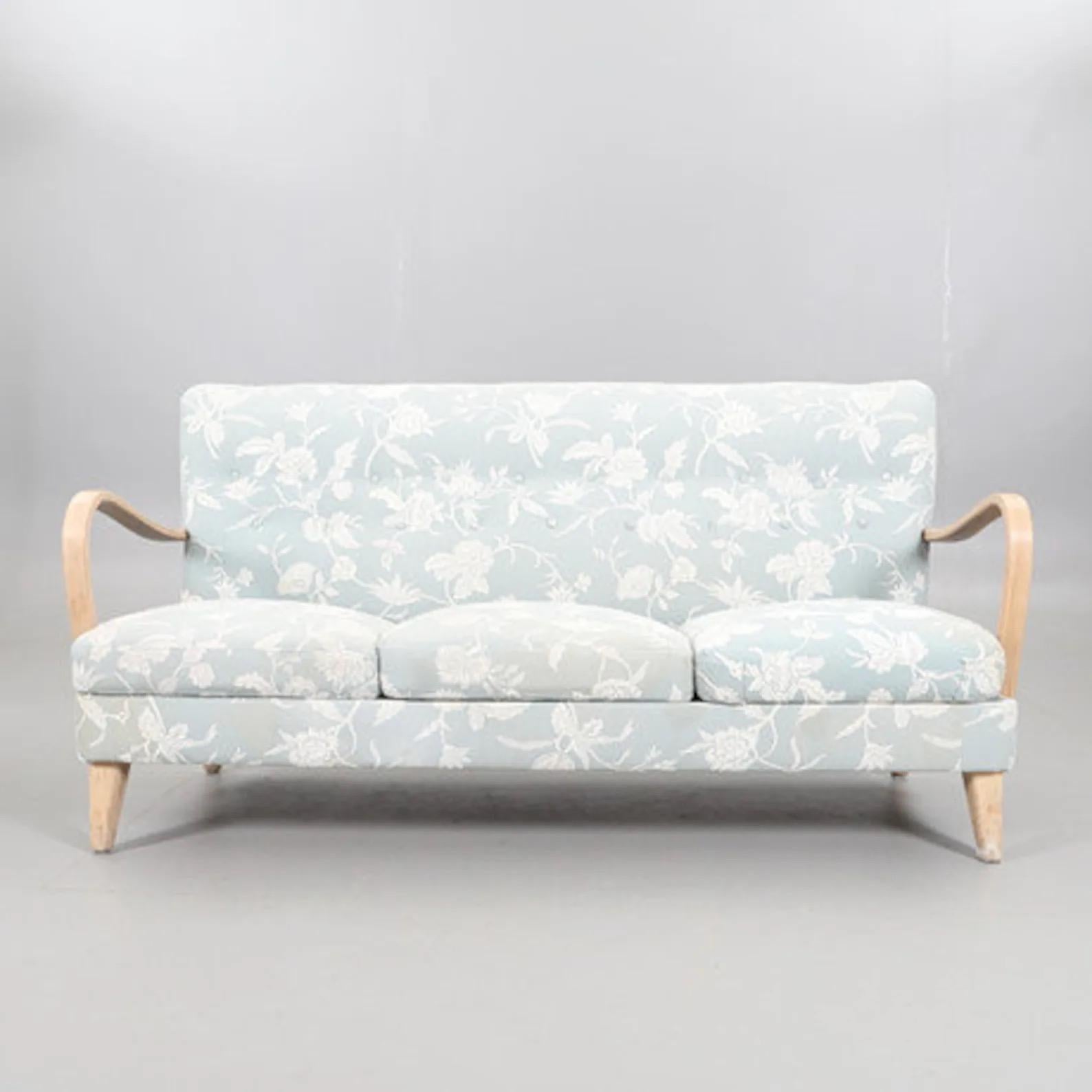 Midcentury Danish sofa/love seat with floral embroidery original Jane Churchill fabric. 
Dimensions: 
Arm to arm: 67 inches 
Seat height: 15 inches 
Interior depth: 21 inches 
High back: 33 inches 
Arms height: 24.5 inches.