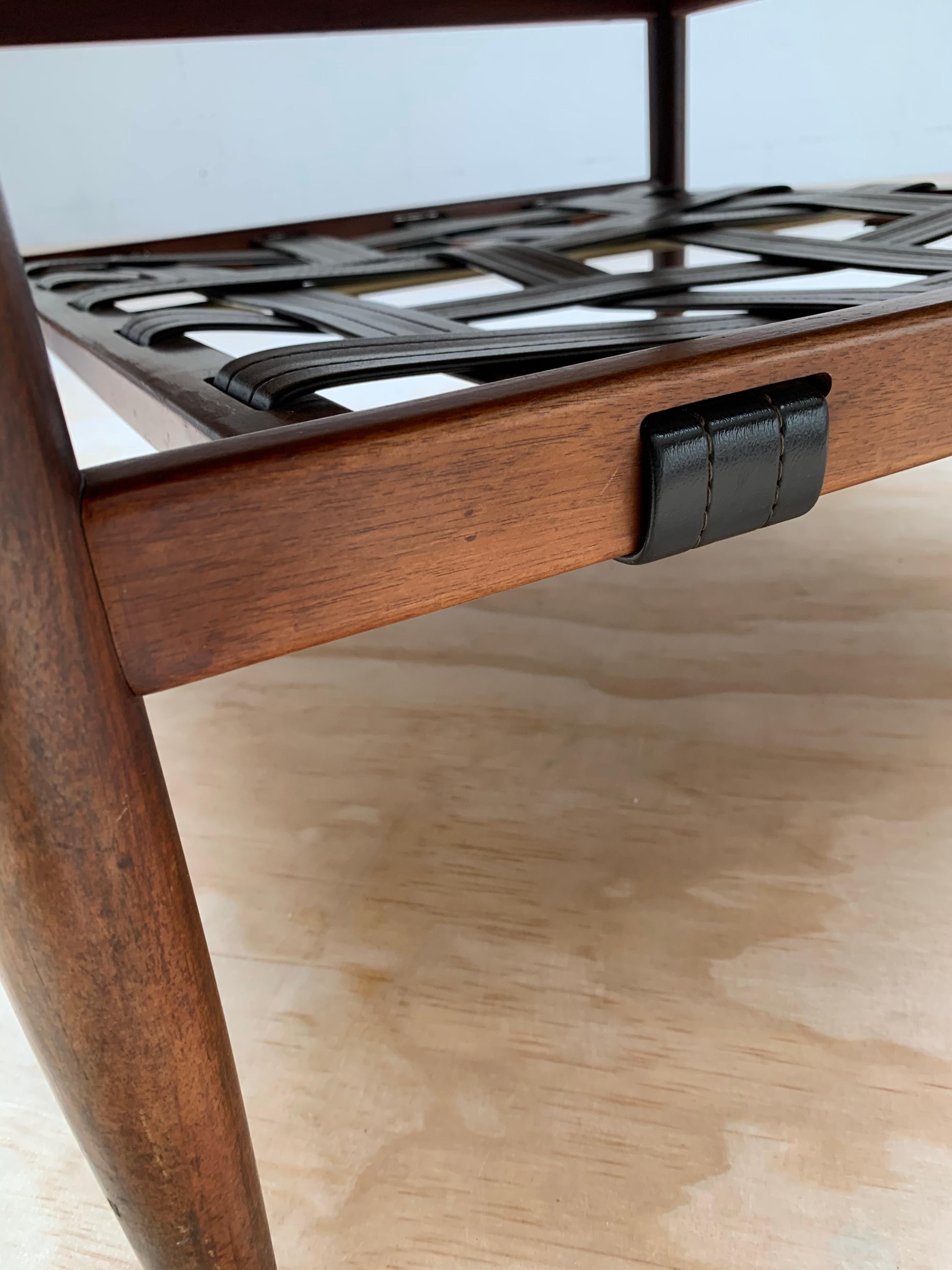 Mid-Century Danish Solid Teakwood Coffee Table with Black Leather Magazine Rack 7