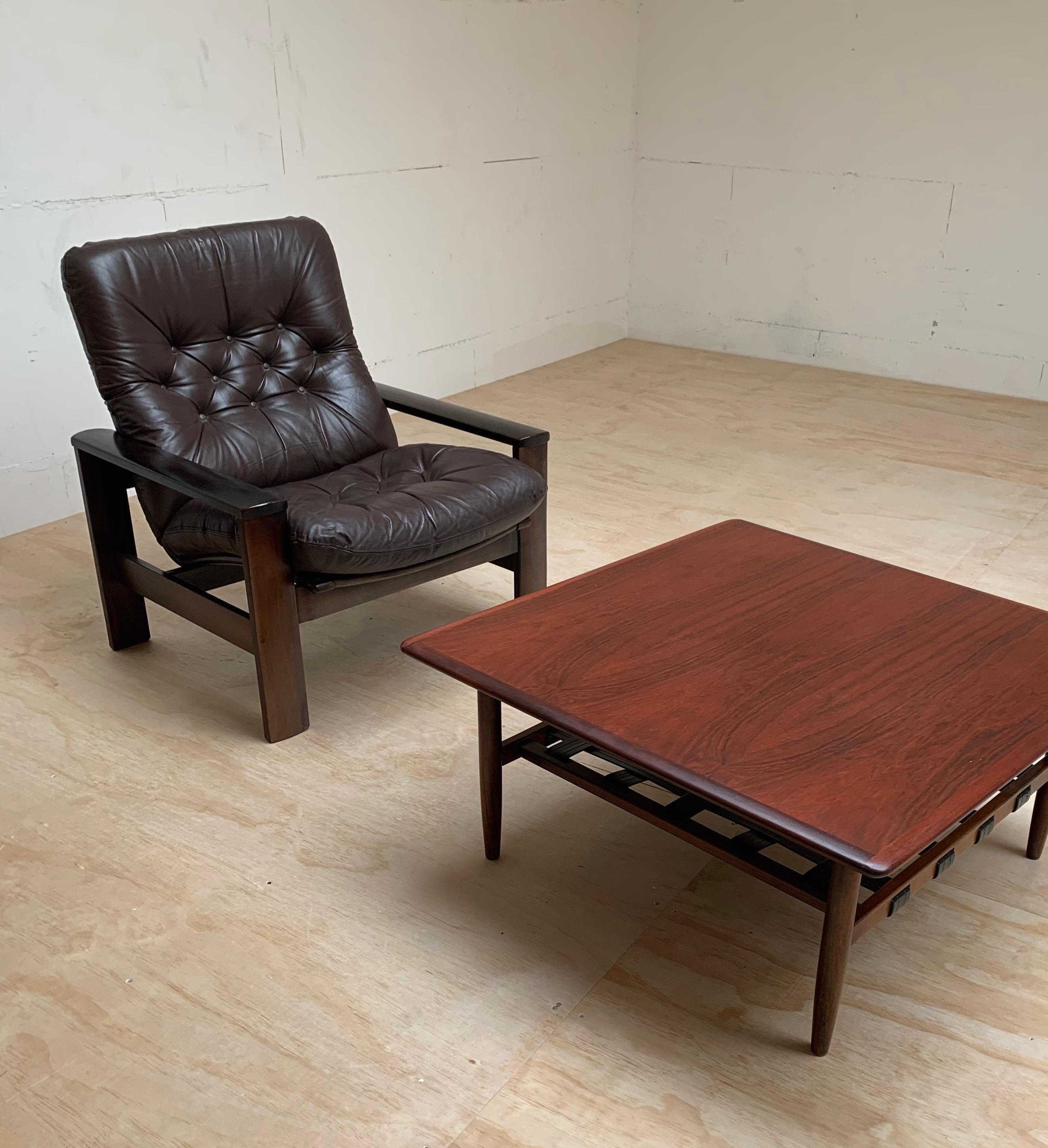 20th Century Mid-Century Danish Solid Teakwood Coffee Table with Black Leather Magazine Rack