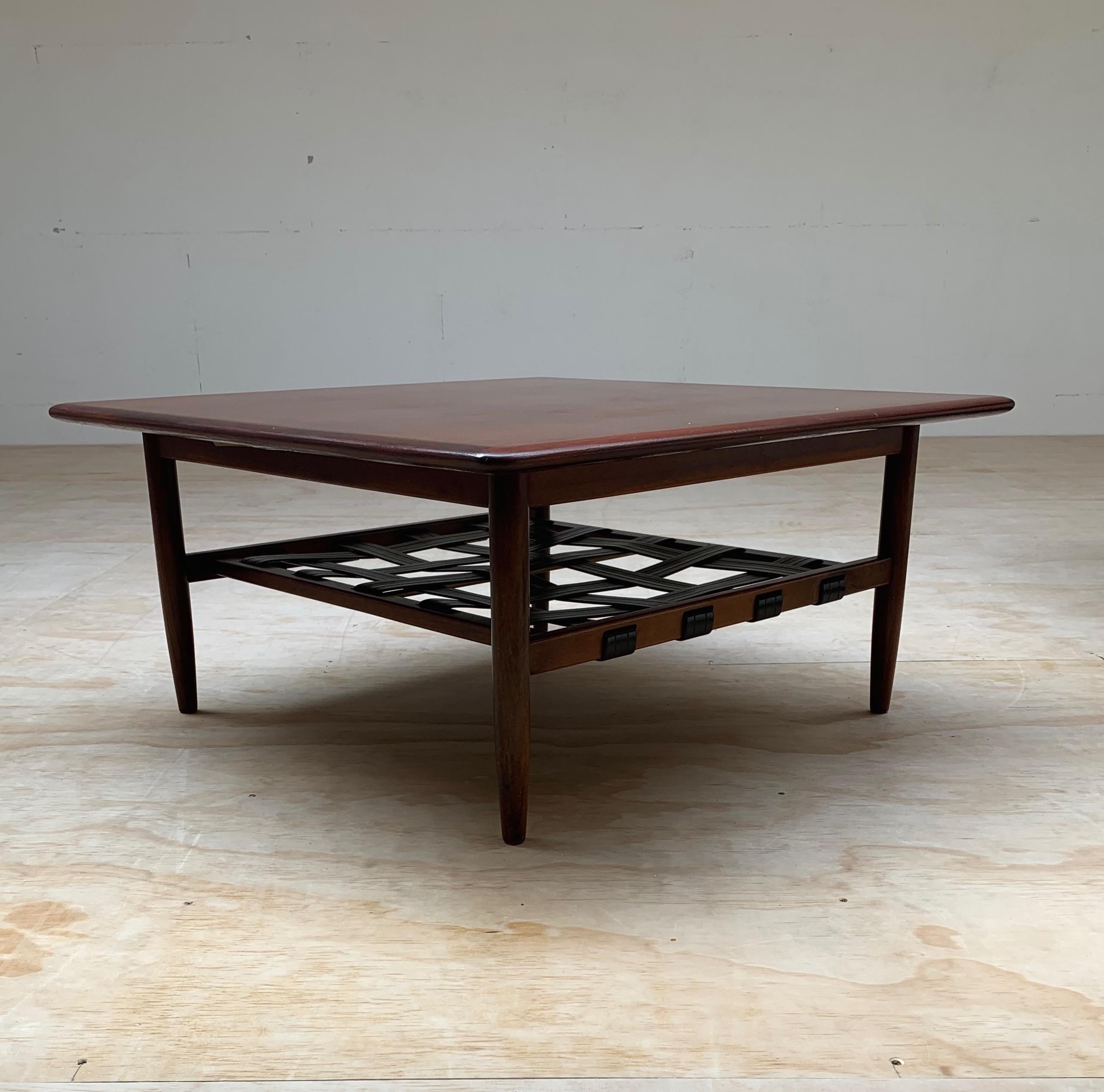 Mid-Century Danish Solid Teakwood Coffee Table with Black Leather Magazine Rack 2