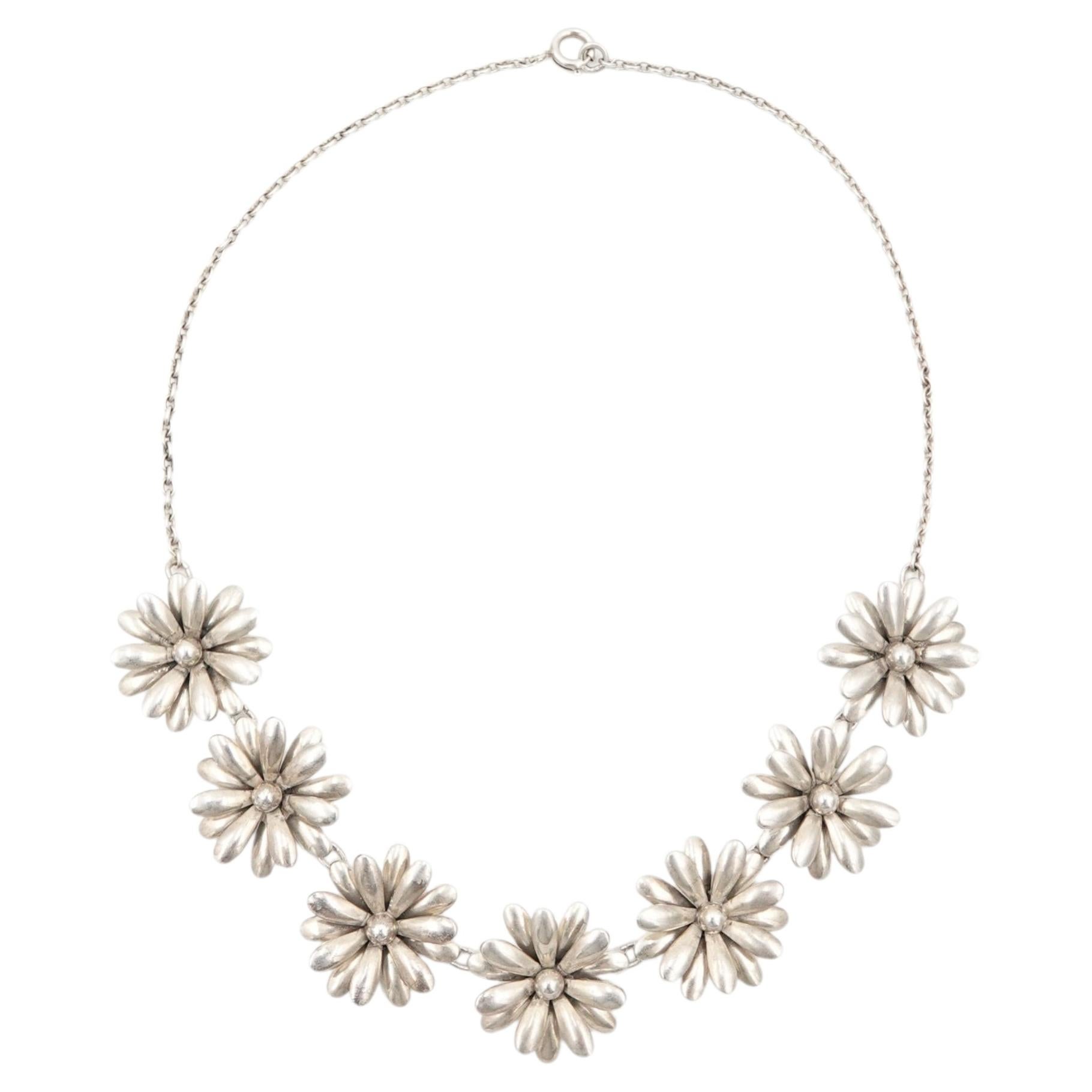 Mid-Century Danish Sterling Silver Daisy Necklace, SCF Denmark