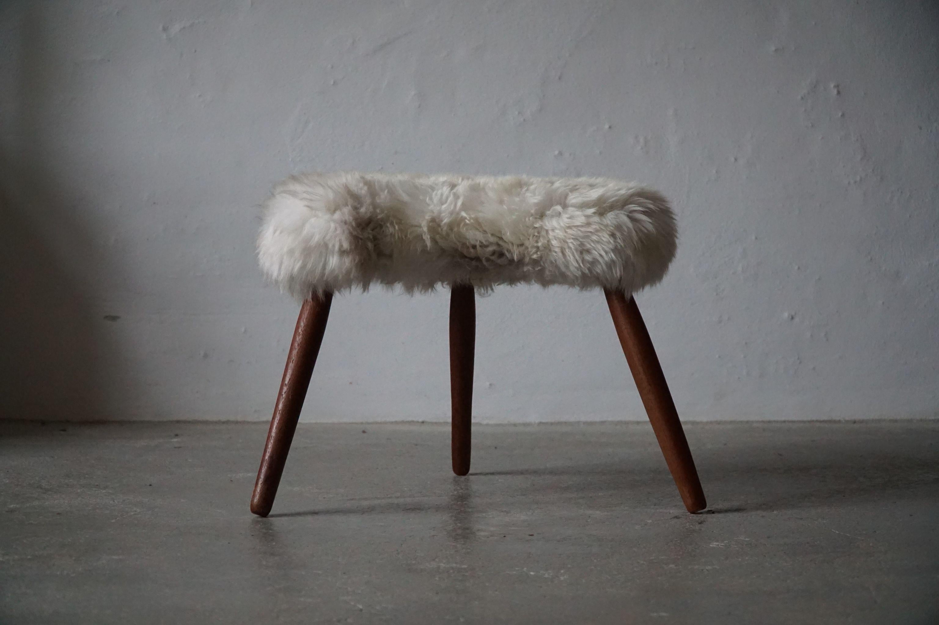 Mid-20th Century Mid Century Danish Stool in Oak and Reupholstered in Lambswool, ca 1960s