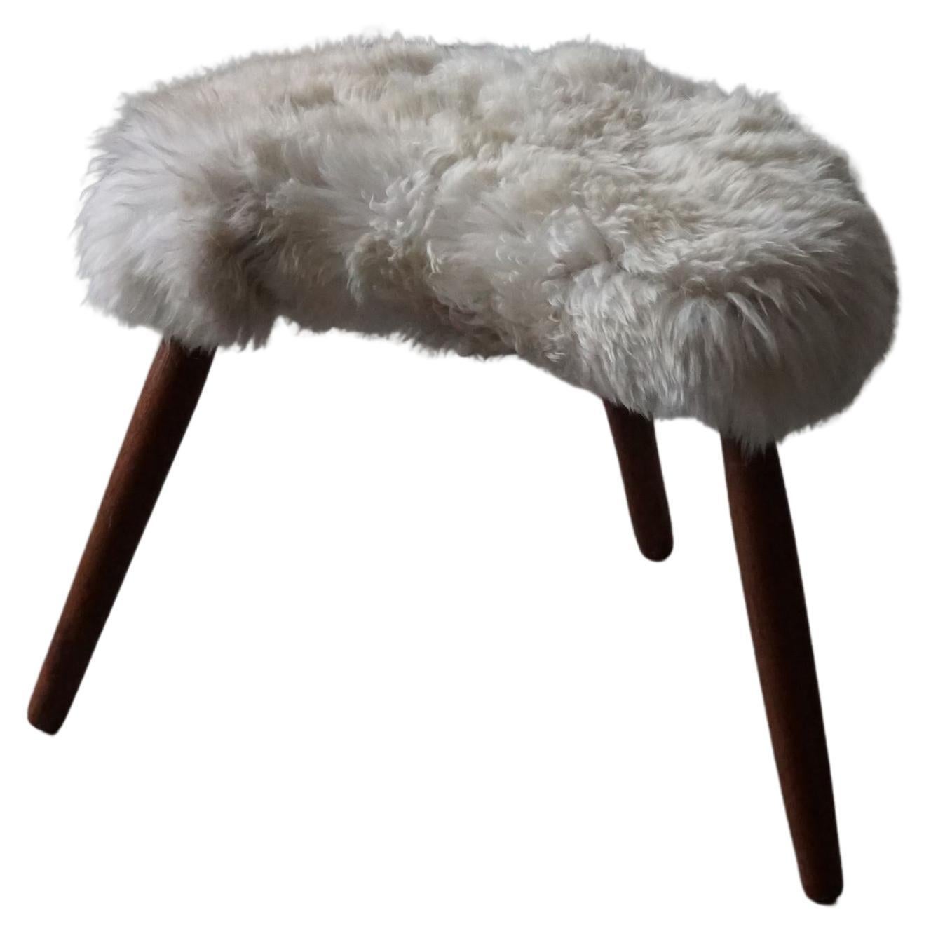 Mid Century Danish Stool in Oak and Reupholstered in Lambswool, ca 1960s