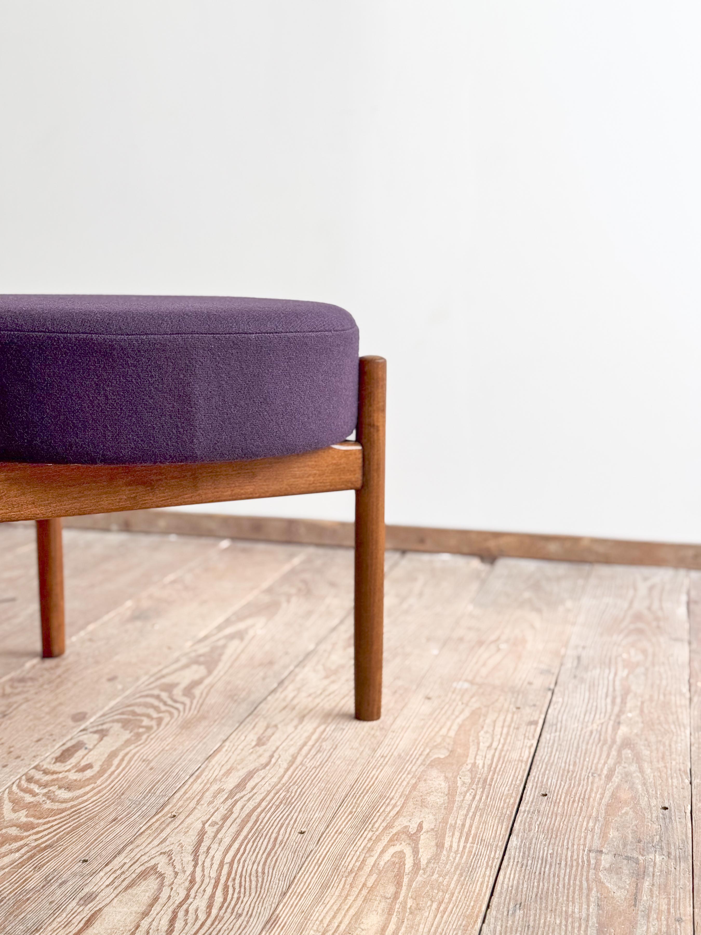 Upholstery Mid-Century Danish Stool or Ottoman in Teak Wood, Purple Wool Fabric Cover For Sale