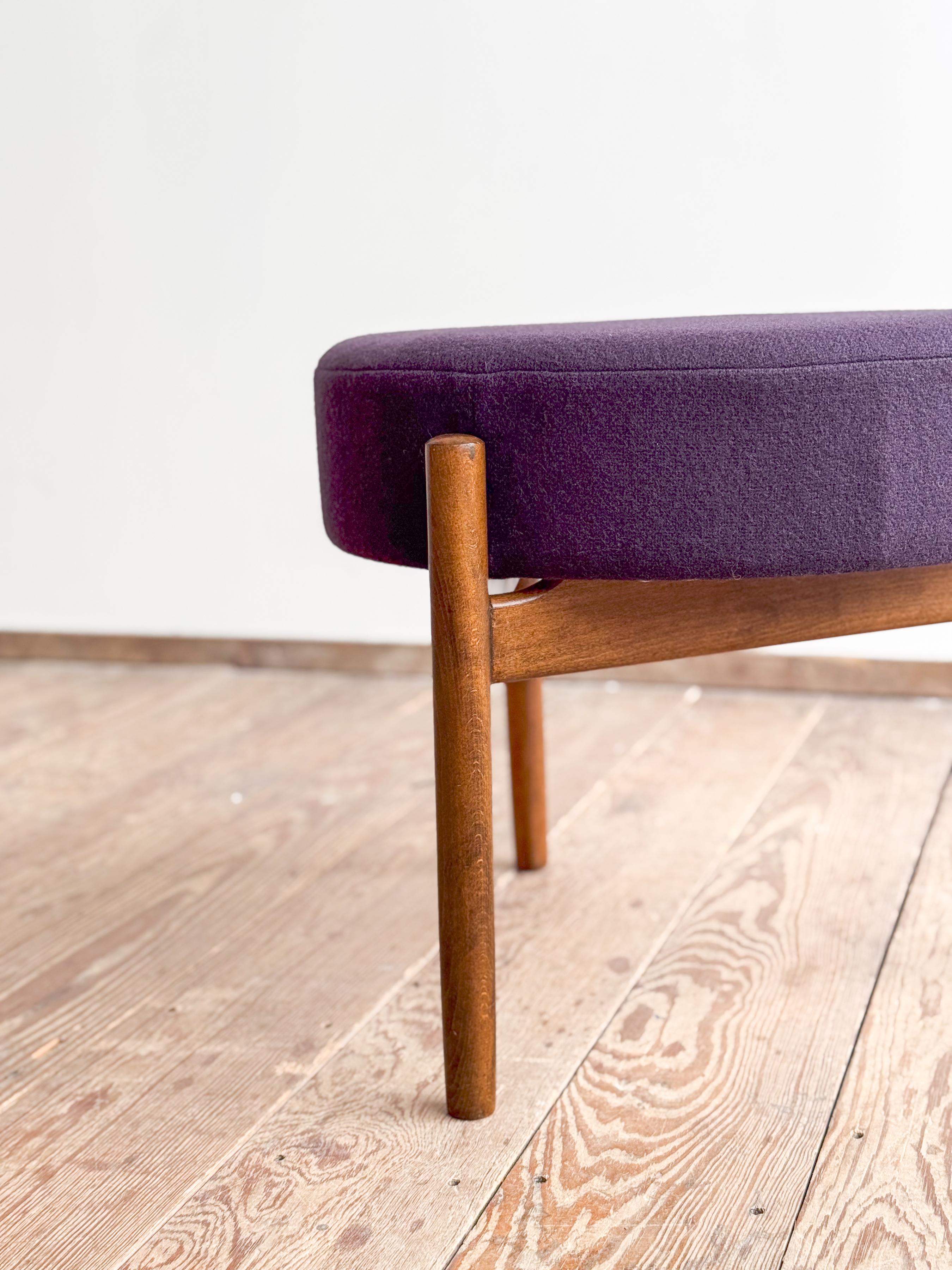 Mid-Century Danish Stool or Ottoman in Teak Wood, Purple Wool Fabric Cover For Sale 1