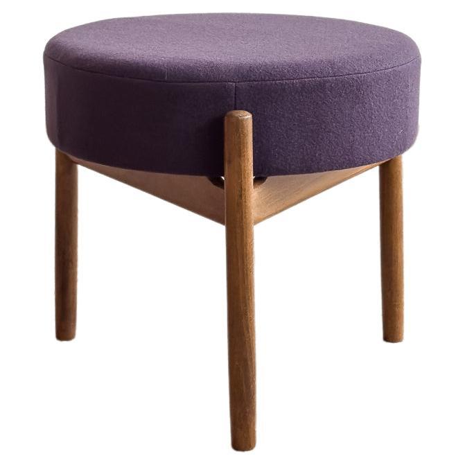 Mid-Century Danish Stool or Ottoman in Teak Wood, Purple Wool Fabric Cover For Sale