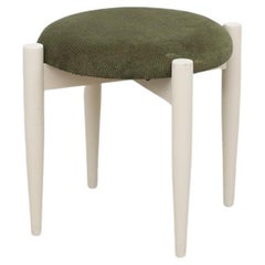 Mid Century Danish Stool with Green Upholstered Seat and White Legs