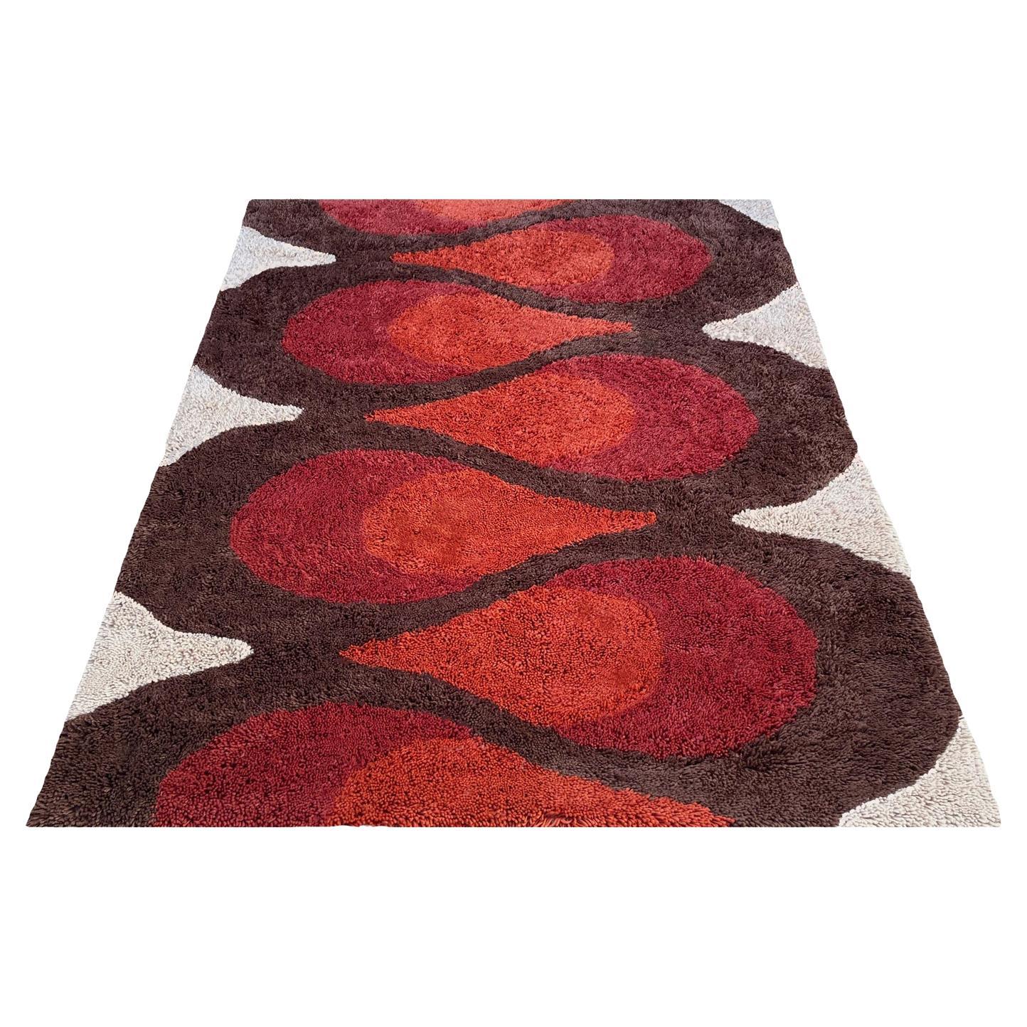 Mid Century Danish Style Rya Area Shag Rug in Funky Teardrop Design after Panton