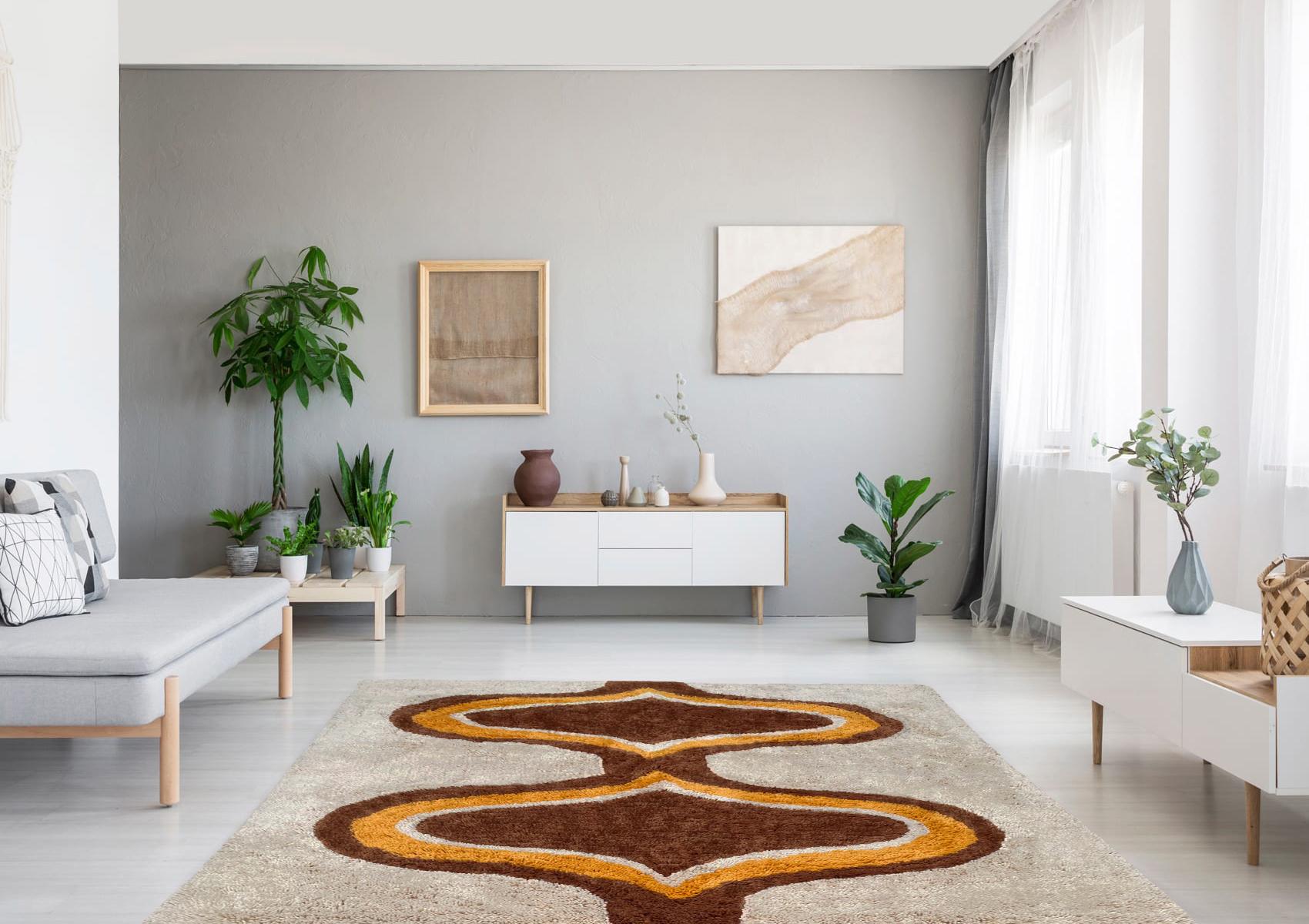 Rya-Teppich im dänischen Mid-Century-Stil mit modernem Design in Gelb und Braun  (Indisch) im Angebot