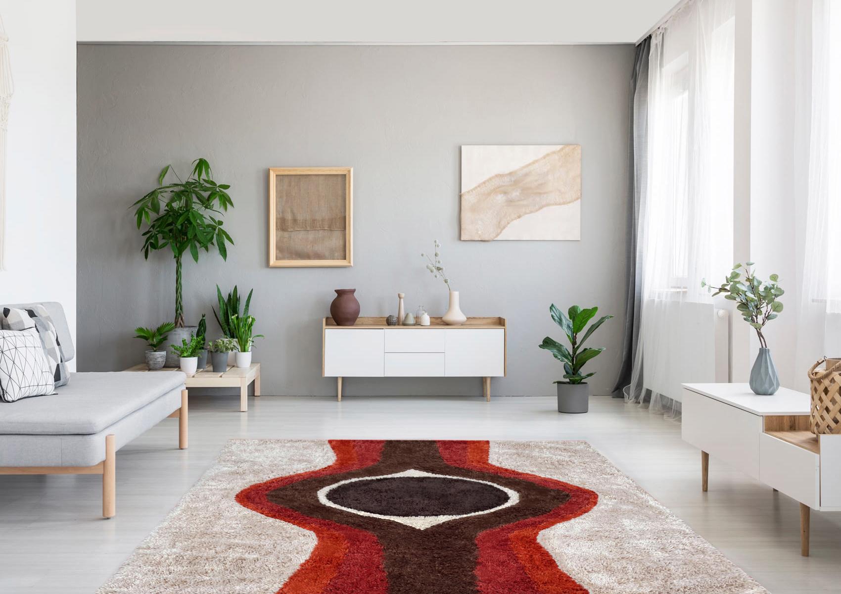 Scandinavian Modern Mid-Century Danish Style Rya Area Shag Rug in Red & Orange Modern Design For Sale