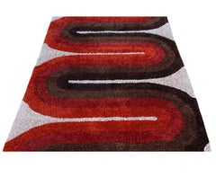 Mid-Century Danish Style Rya Area Shag Rug in Red & Orange Modern Wave Design