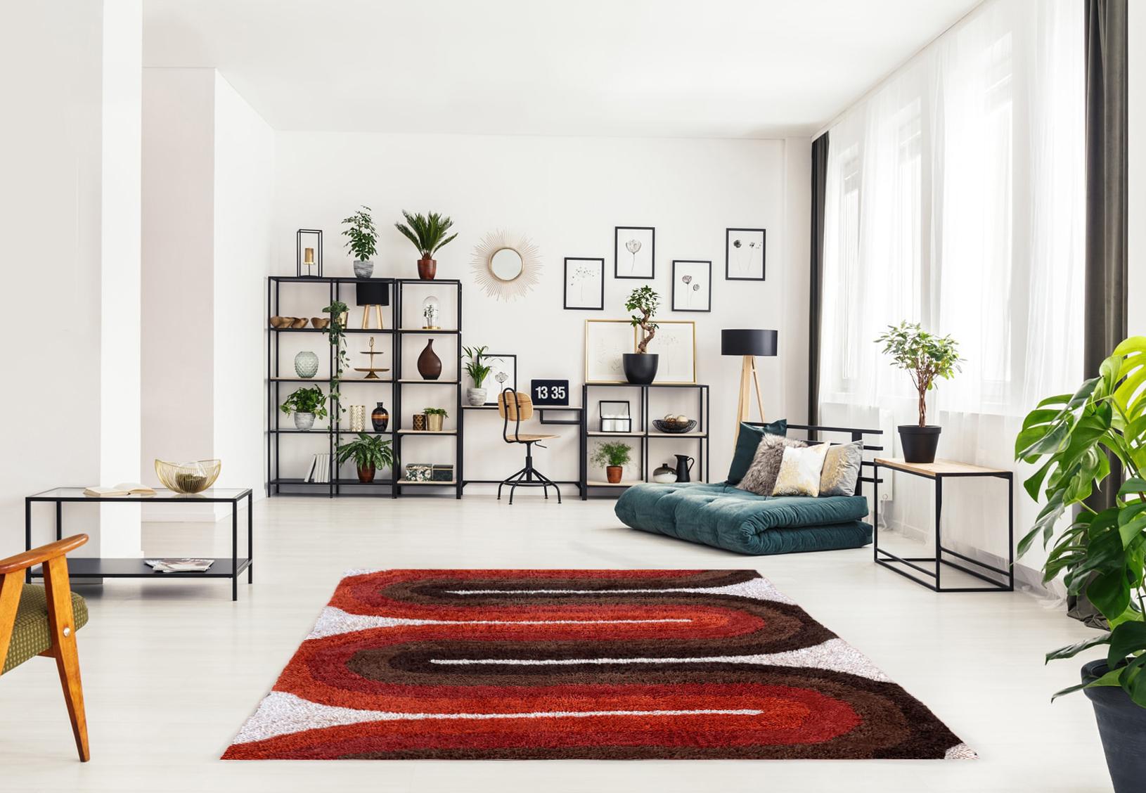 Rya-Teppich im dänischen Mid-Century-Stil in Rot & Orange mit modernem Wave-Design (Skandinavische Moderne) im Angebot