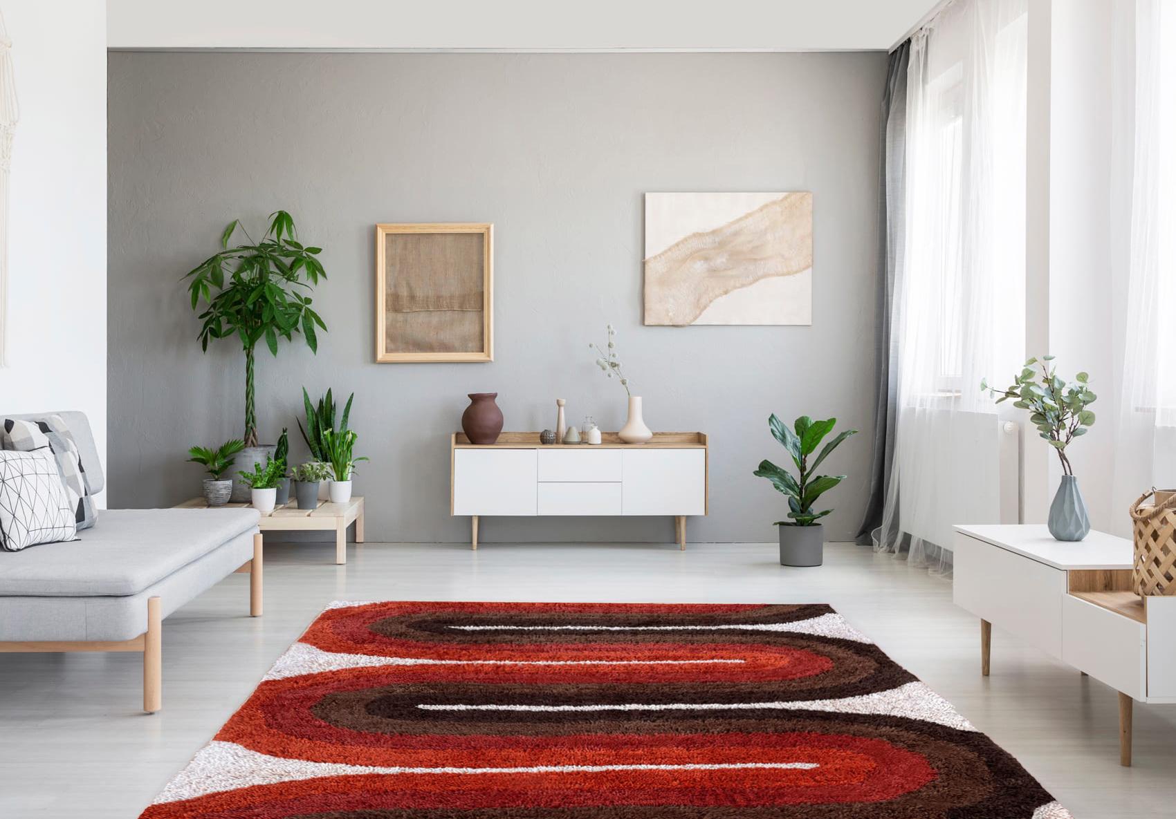 Mid-Century Danish Style Rya Area Shag Rug in Red & Orange Modern Wave Design For Sale 1