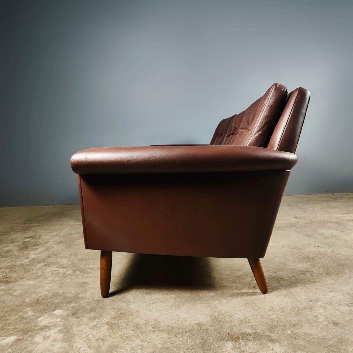 Mid-Century Modern Mid Century Danish Svend Skipper Three Seater Sofa Tan Brown Leather Vintage
