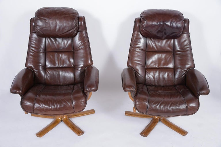 Patinated Vintage Danish Mid-Century Brown Leather Lounge Chairs For Sale