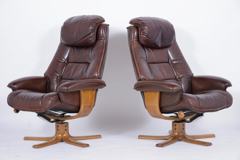 Late 20th Century Vintage Danish Mid-Century Brown Leather Lounge Chairs For Sale
