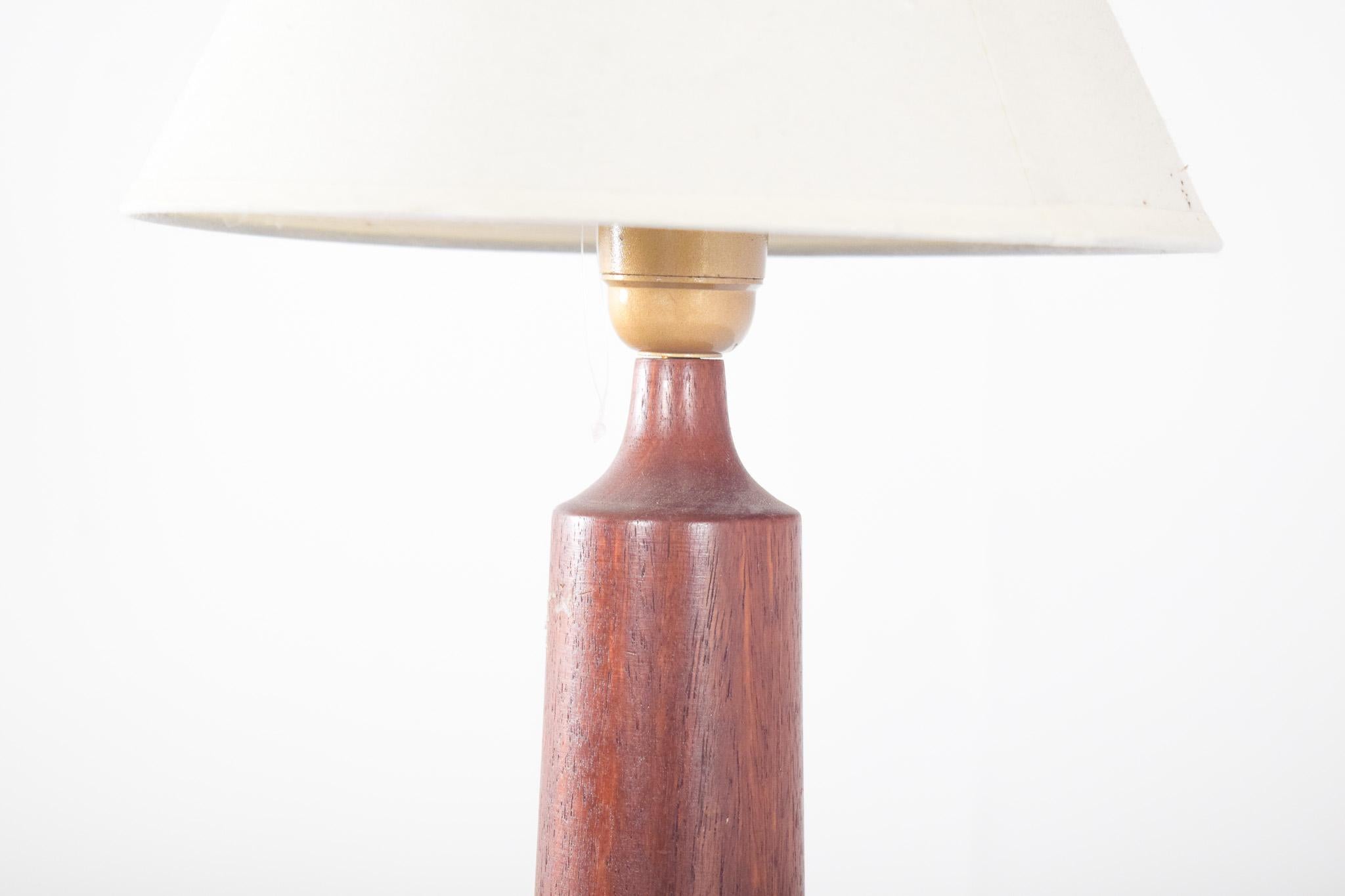Table lamp, in teak wood. Base in turned wood, with a varnished finish that highlights the natural texture of the wood grain. The shaft, cylindrical in shape and slightly tapered at the top, has the same dimensions between the base and the bushing.
