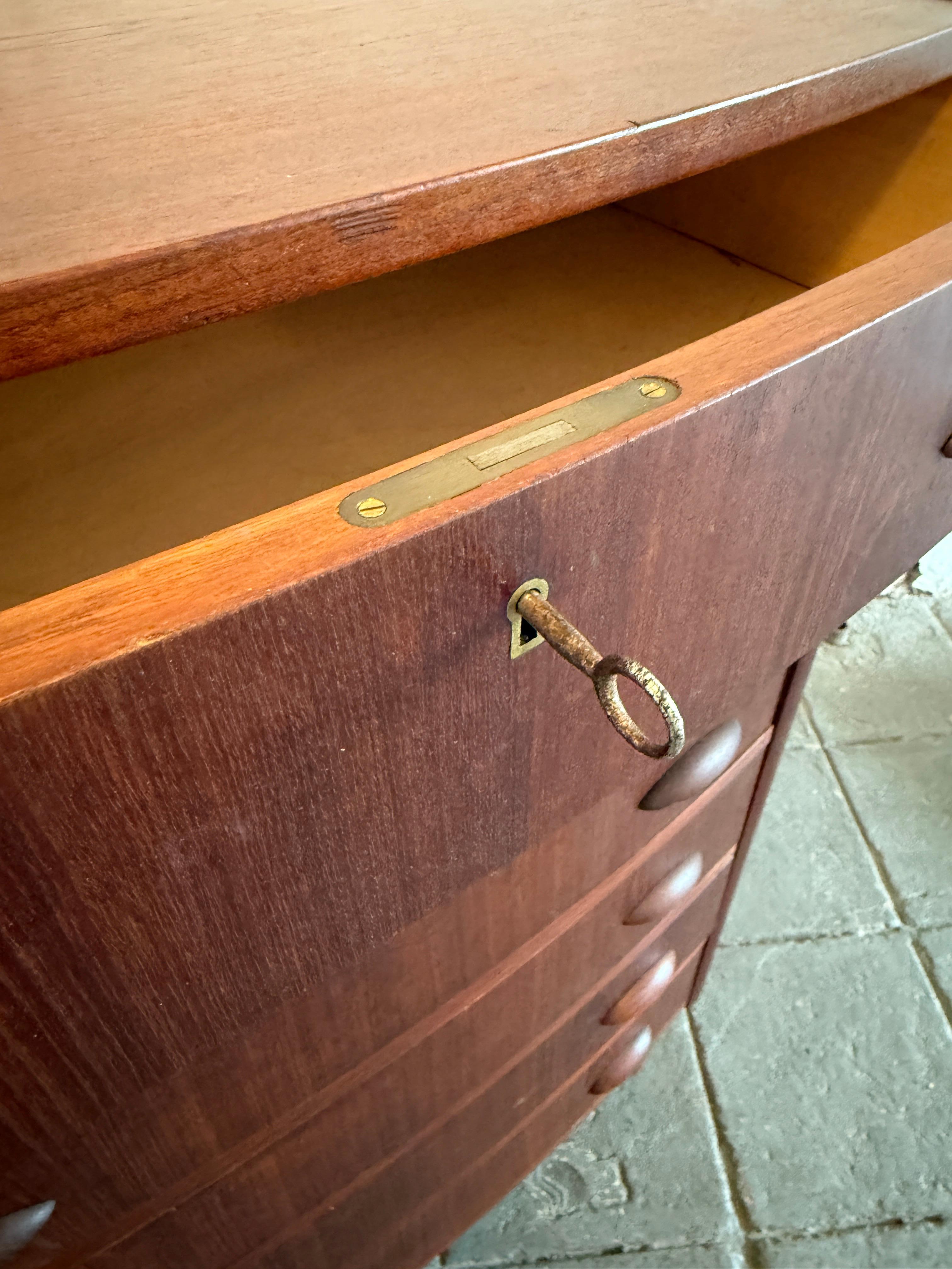 Woodwork Mid century danish tall teak round front 6 drawer dresser with key For Sale