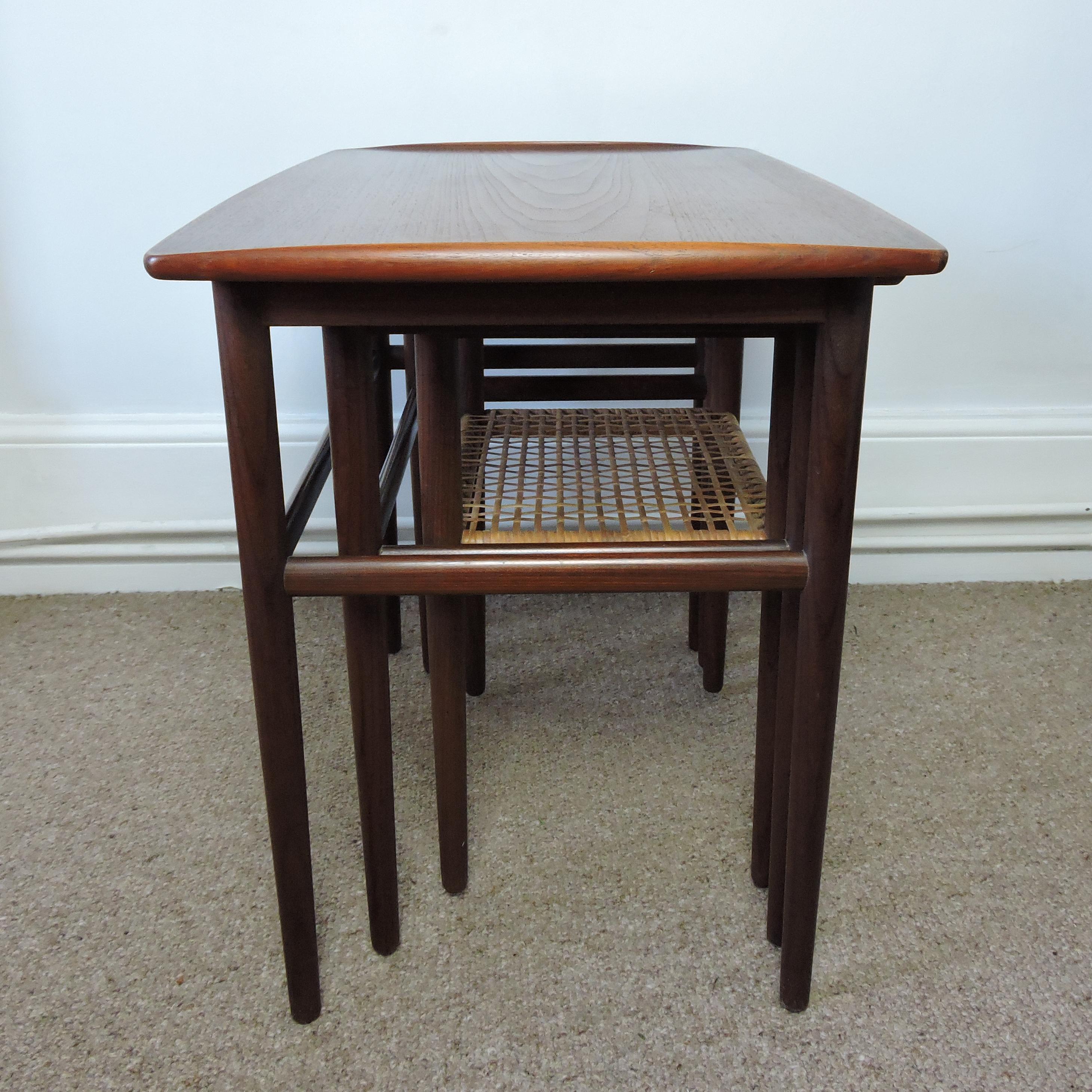 Midcentury Danish Teak and Cane Nesting Tables, 1950s In Good Condition For Sale In Chesham, GB