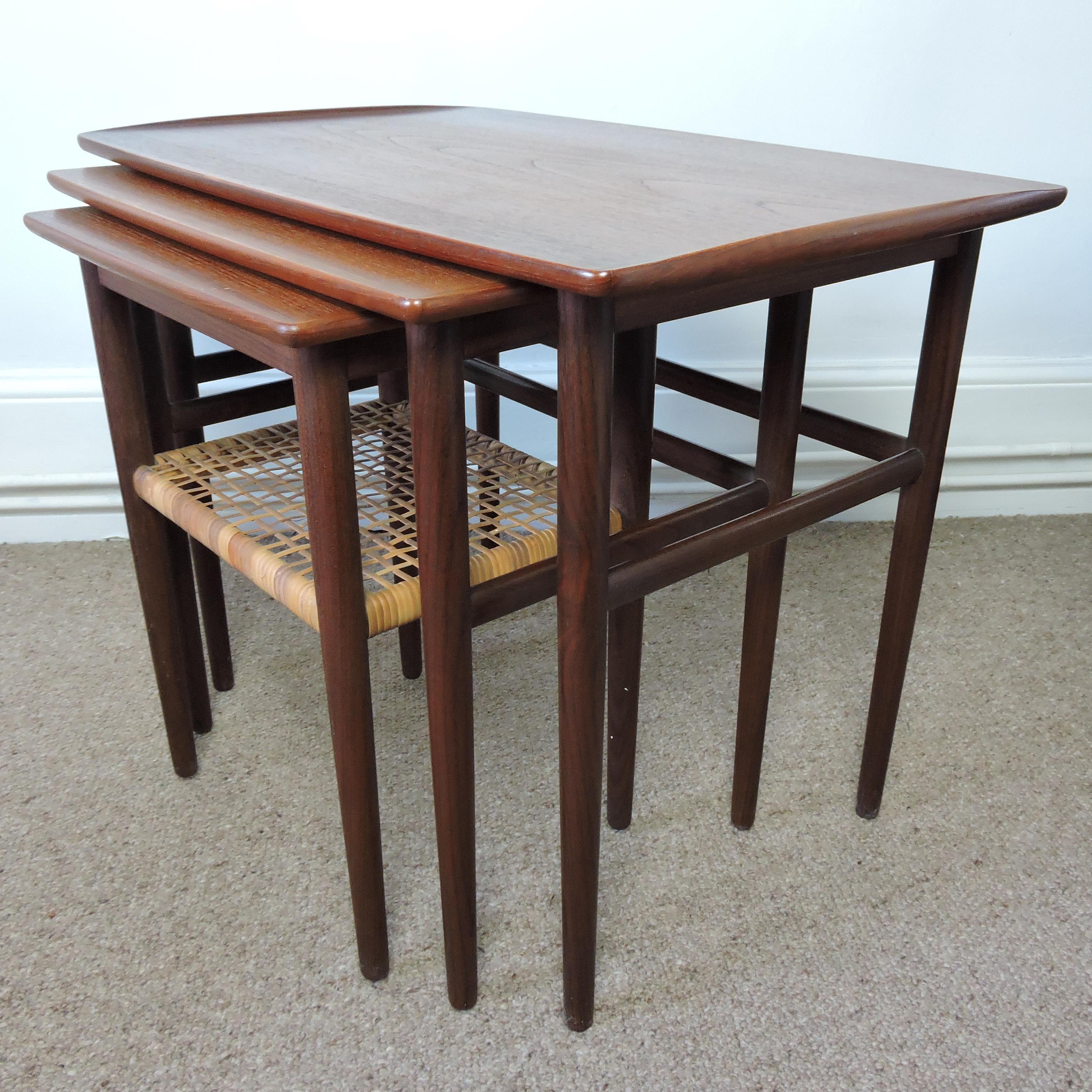 Midcentury Danish Teak and Cane Nesting Tables, 1950s For Sale 1