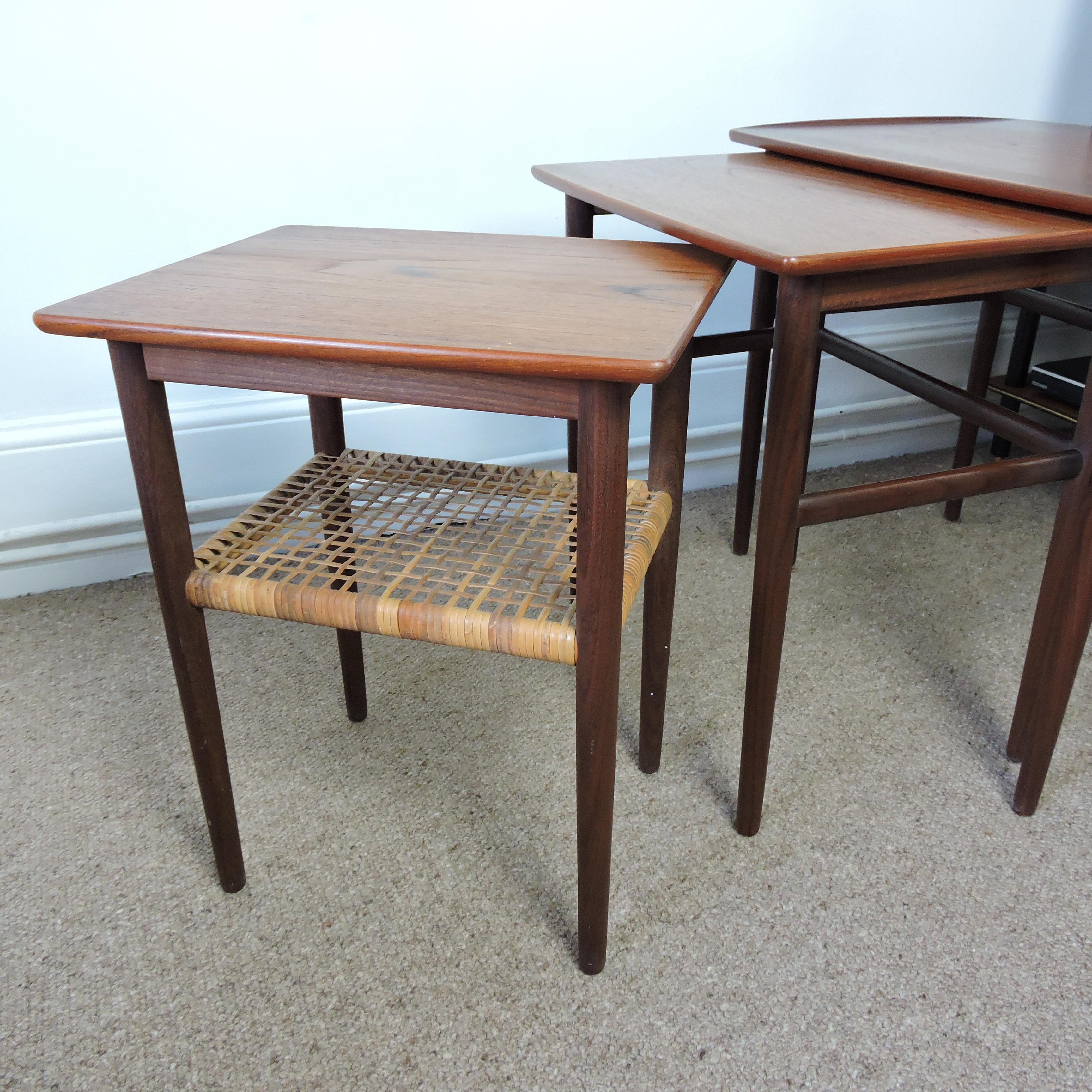 Midcentury Danish Teak and Cane Nesting Tables, 1950s For Sale 3