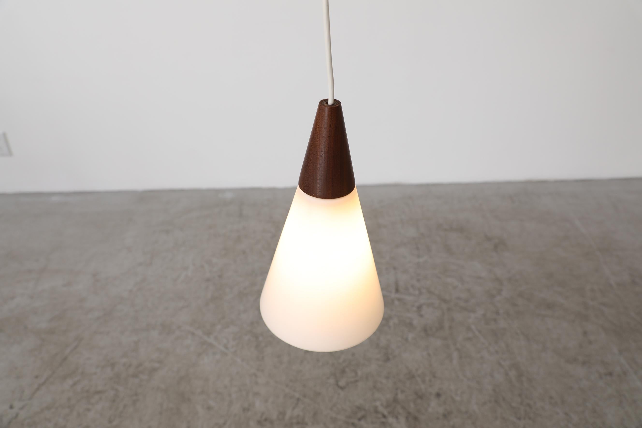 Midcentury Danish Teak and Milk Glass Cone Pendant Light with Teak Canopy For Sale 7
