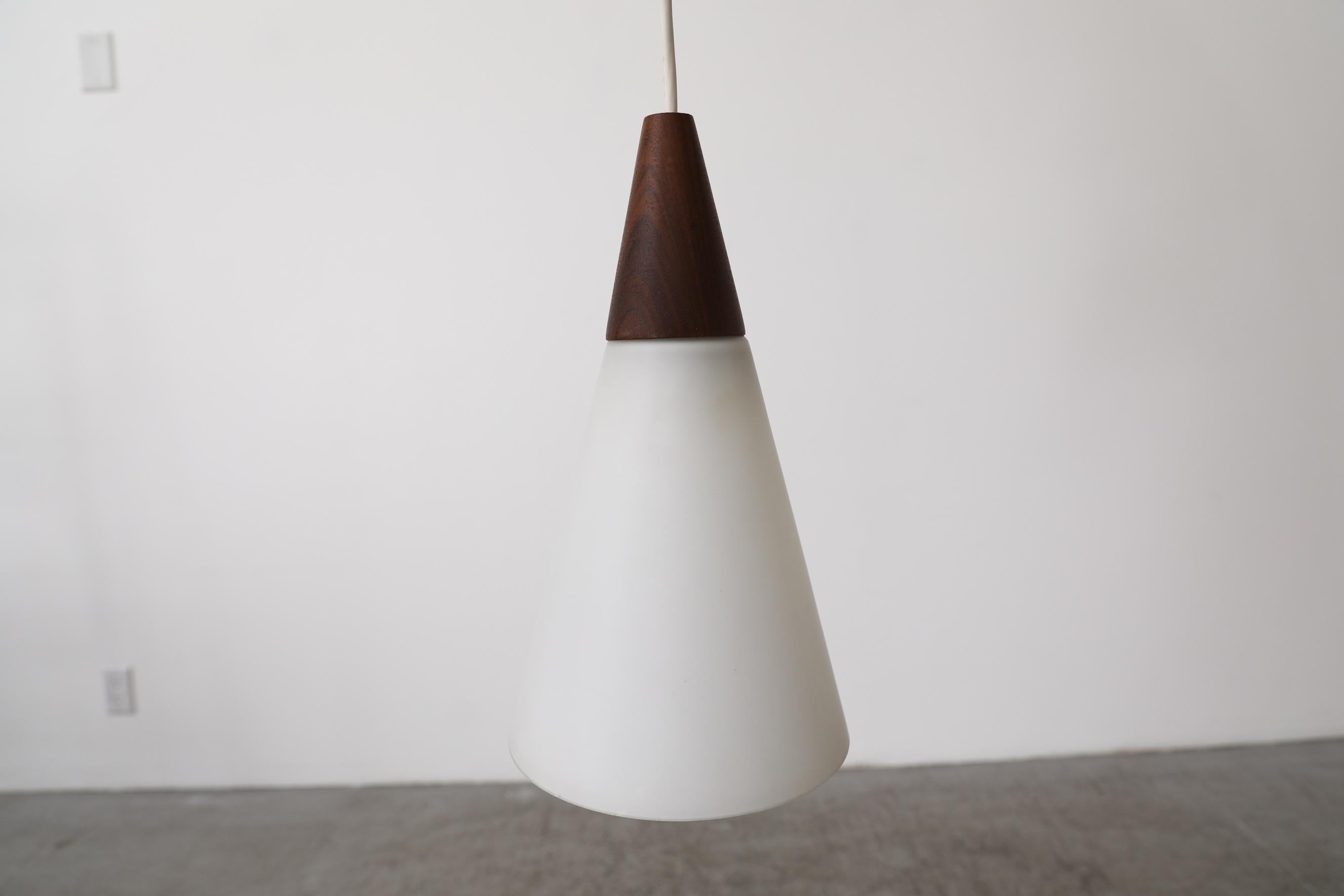 Midcentury Danish Teak and Milk Glass Cone Pendant Light with Teak Canopy For Sale 10