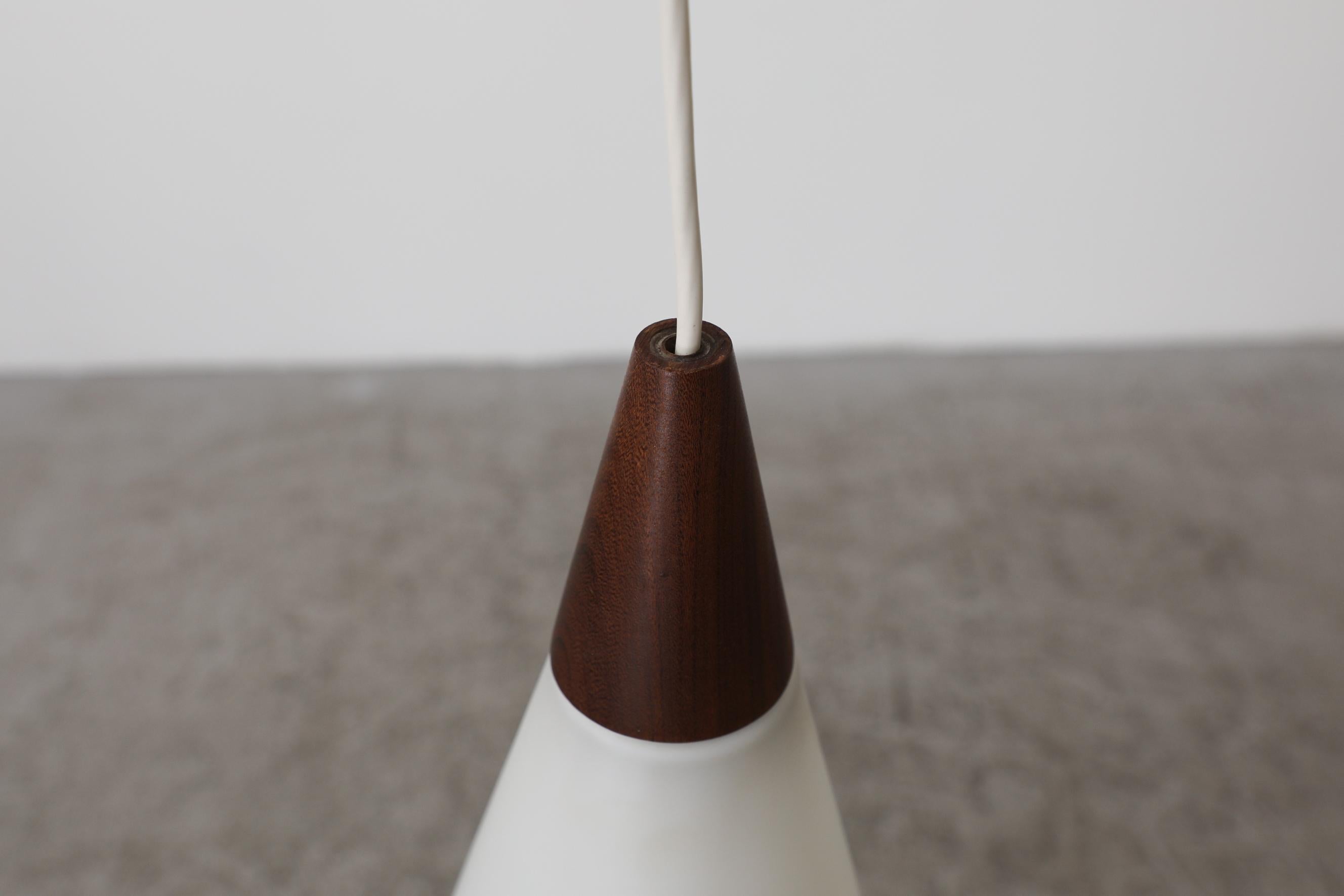 Midcentury Danish Teak and Milk Glass Cone Pendant Light with Teak Canopy For Sale 12