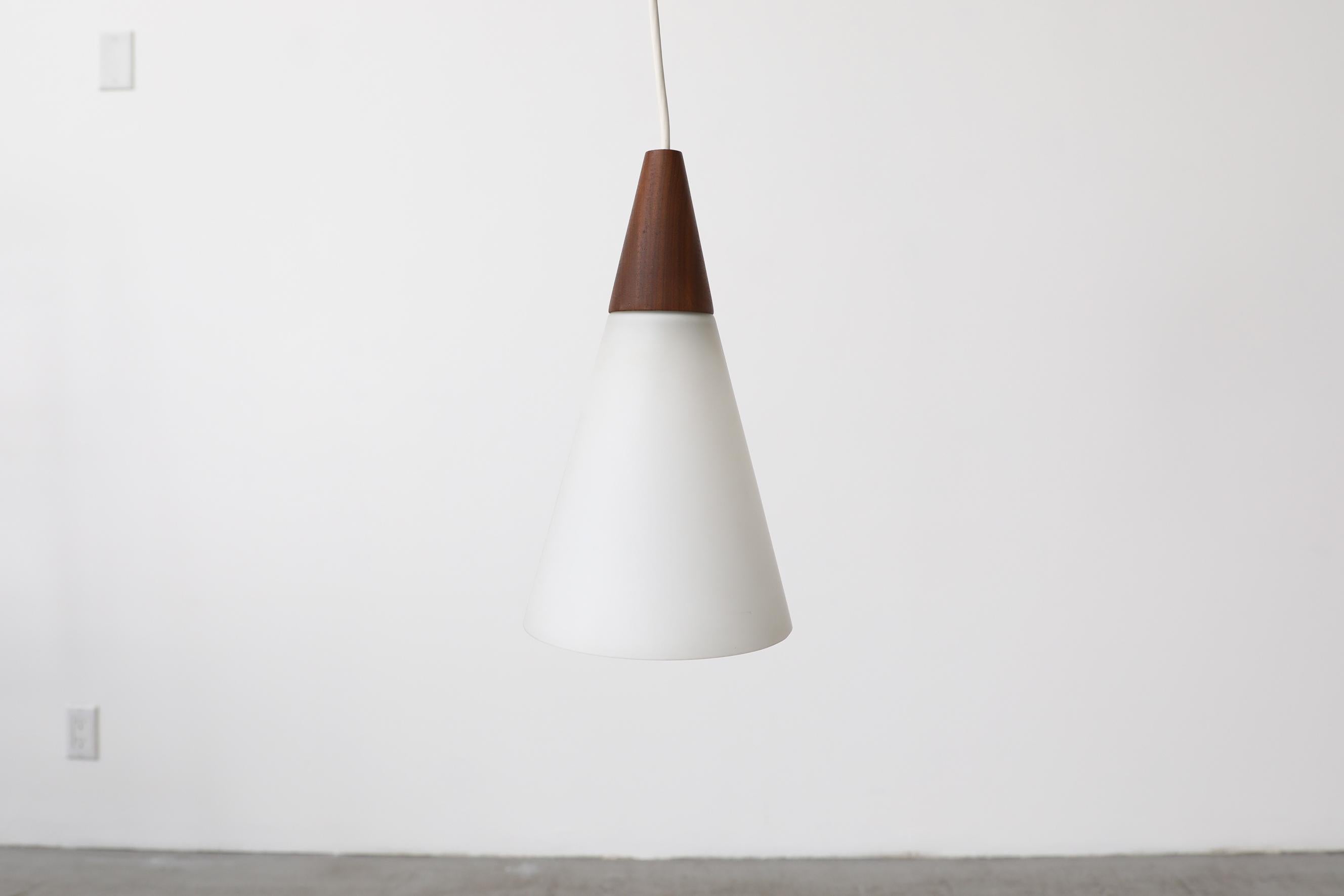 Mid-Century Modern Midcentury Danish Teak and Milk Glass Cone Pendant Light with Teak Canopy For Sale