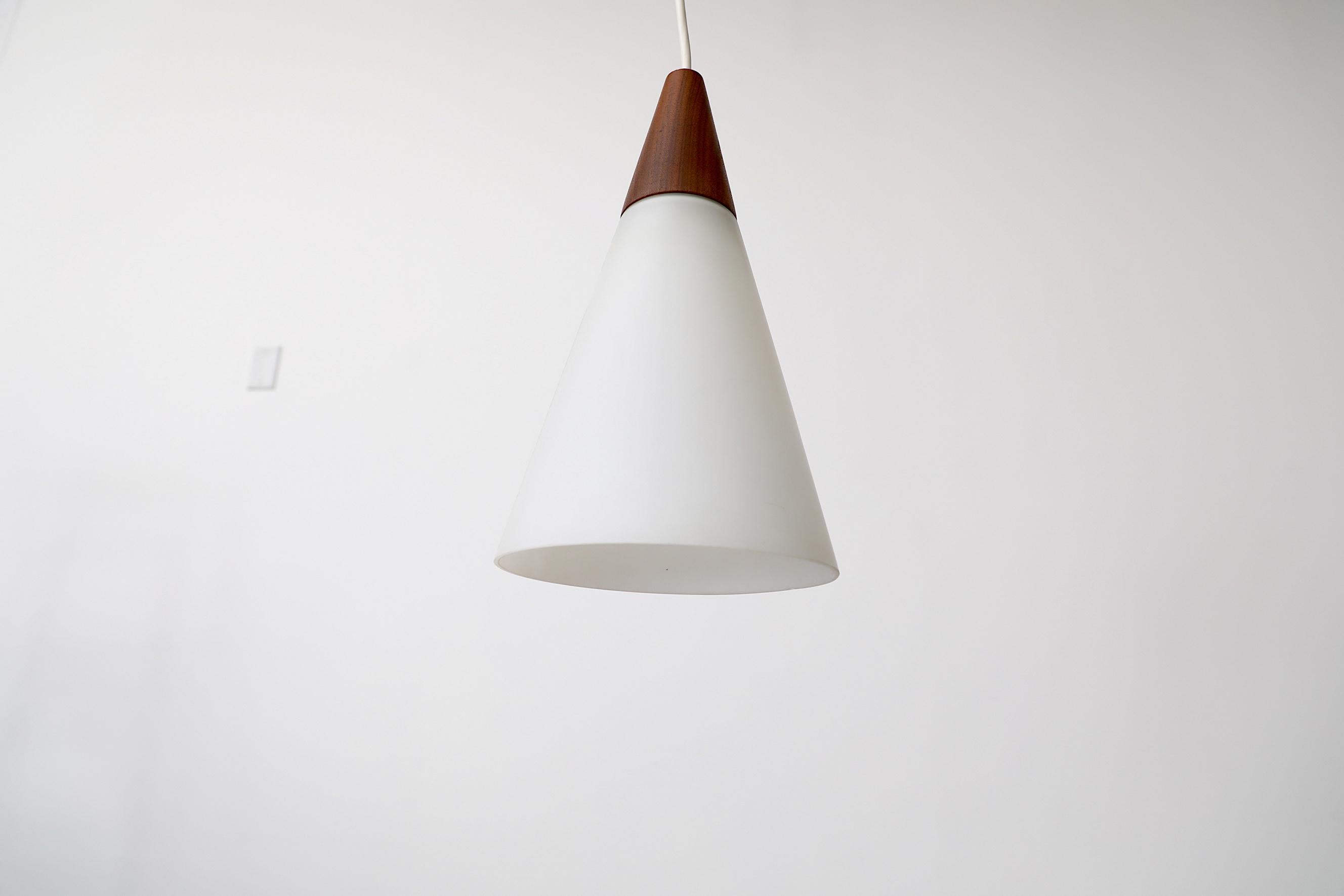Midcentury Danish Teak and Milk Glass Cone Pendant Light with Teak Canopy In Good Condition For Sale In Los Angeles, CA