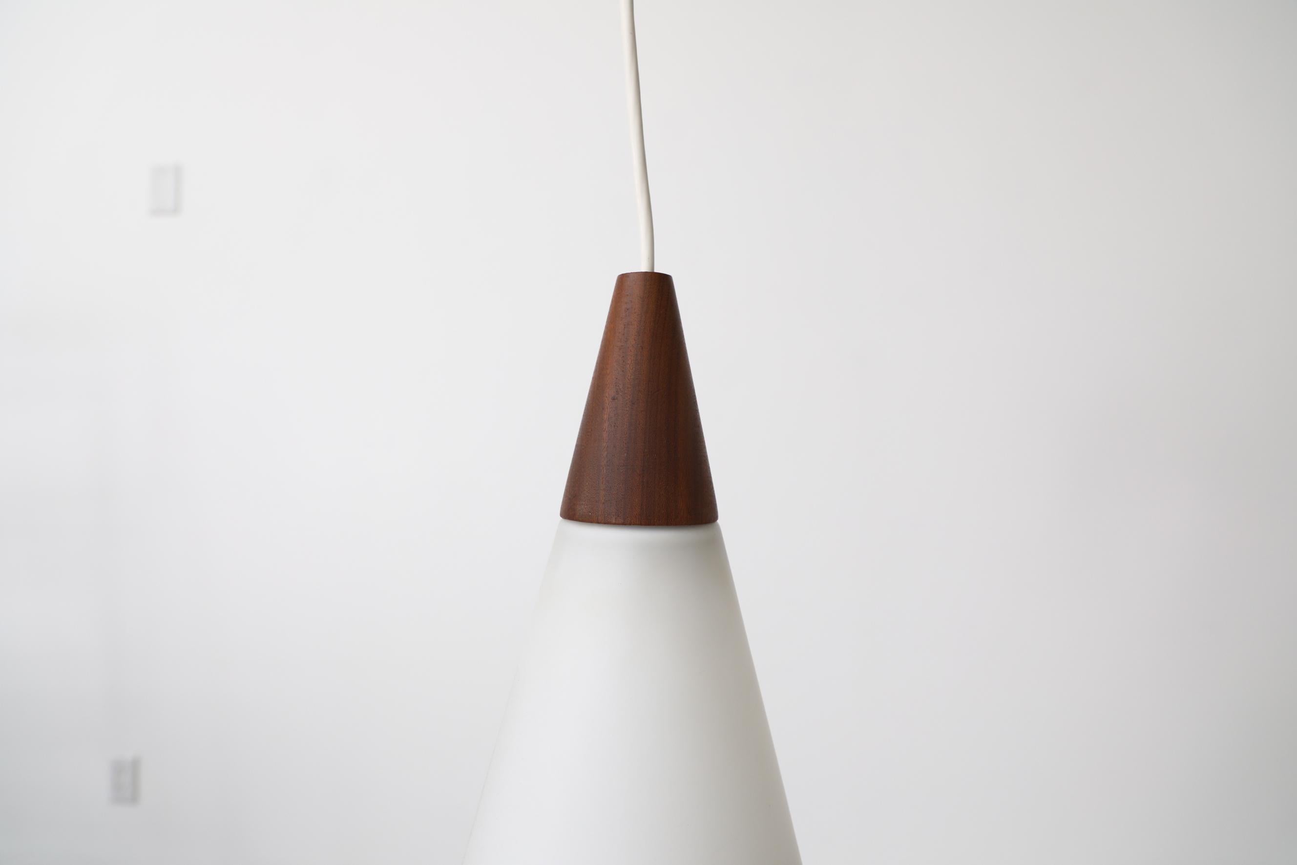 Mid-20th Century Midcentury Danish Teak and Milk Glass Cone Pendant Light with Teak Canopy For Sale