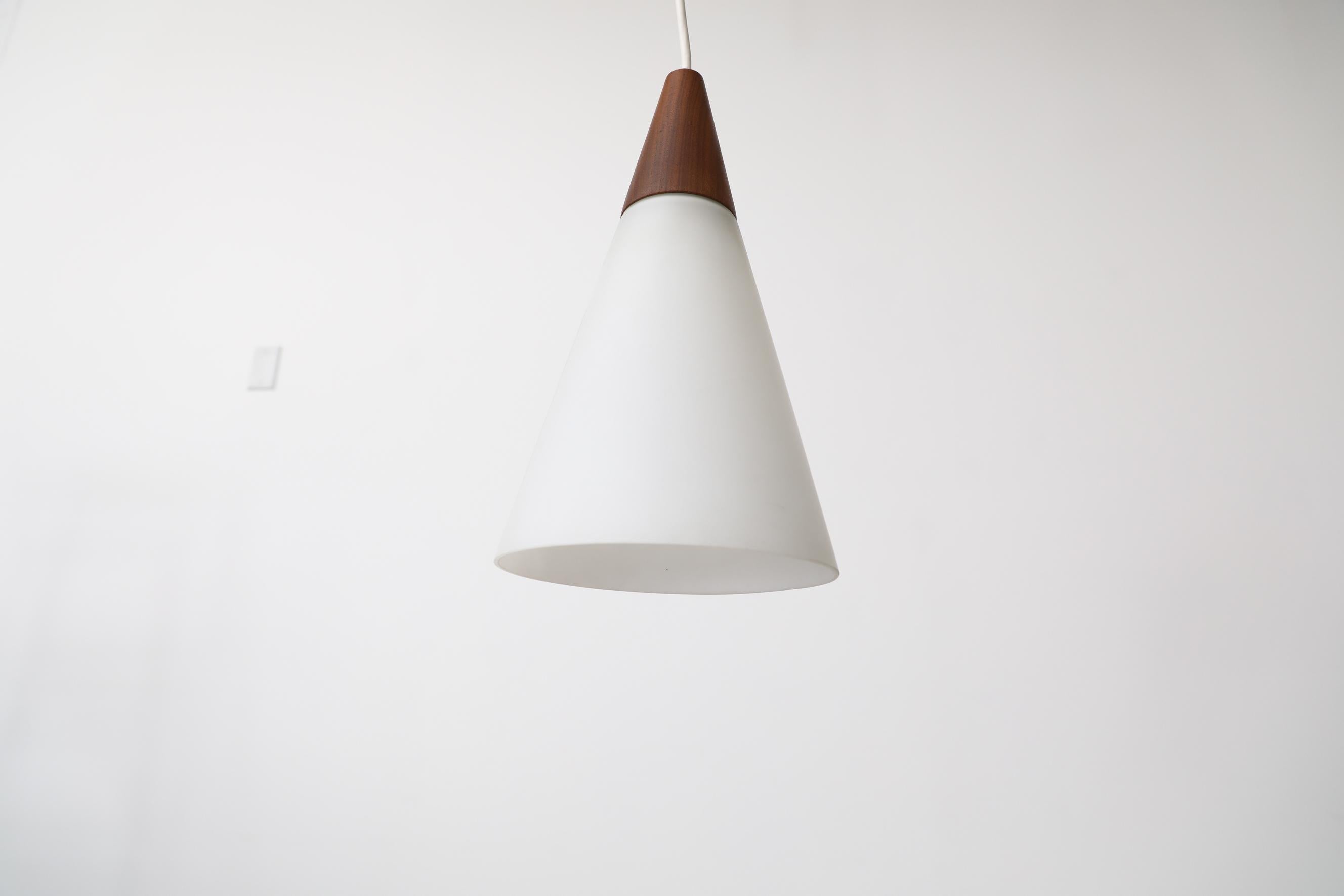 Midcentury Danish Teak and Milk Glass Cone Pendant Light with Teak Canopy For Sale 1