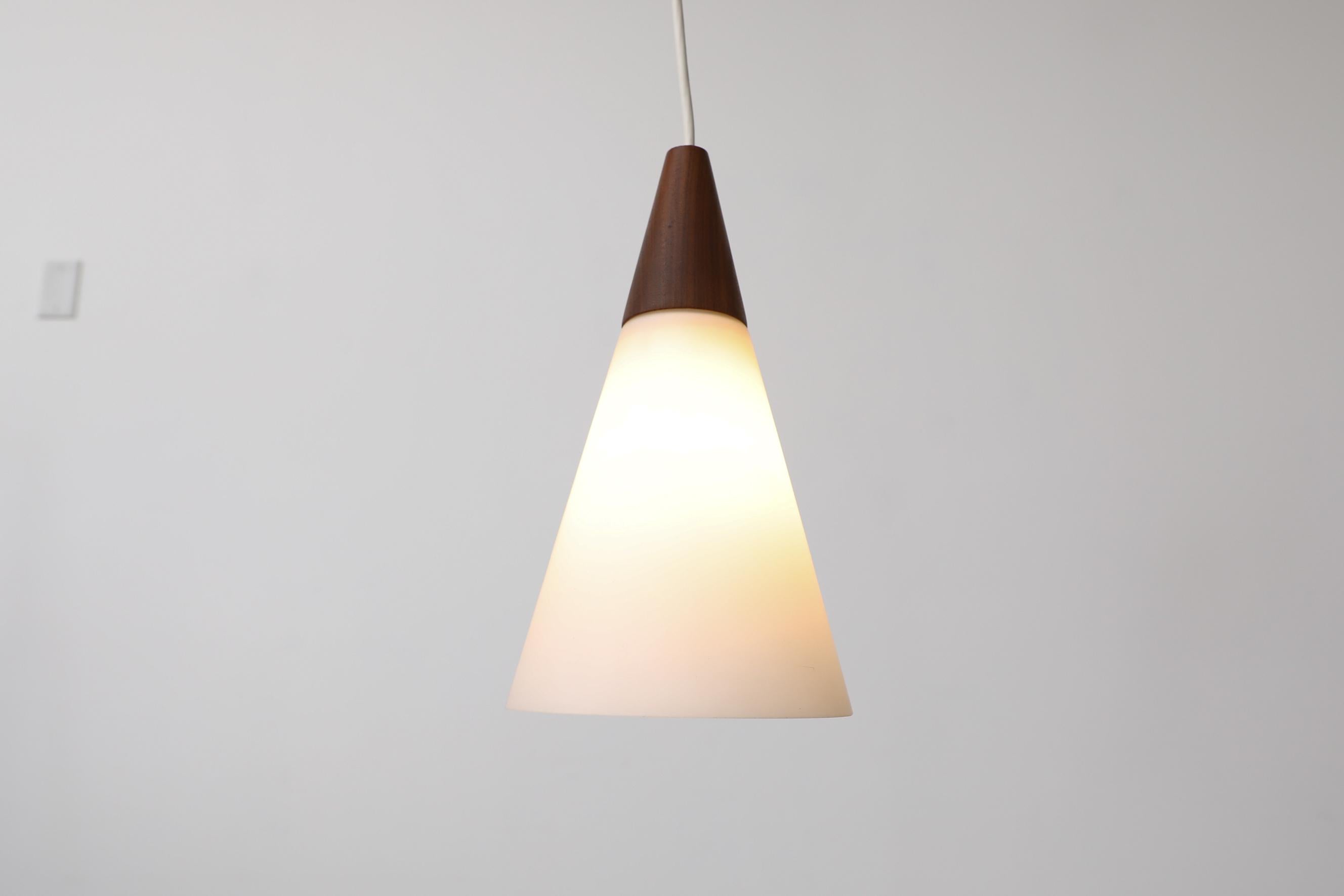 Midcentury Danish Teak and Milk Glass Cone Pendant Light with Teak Canopy For Sale 2