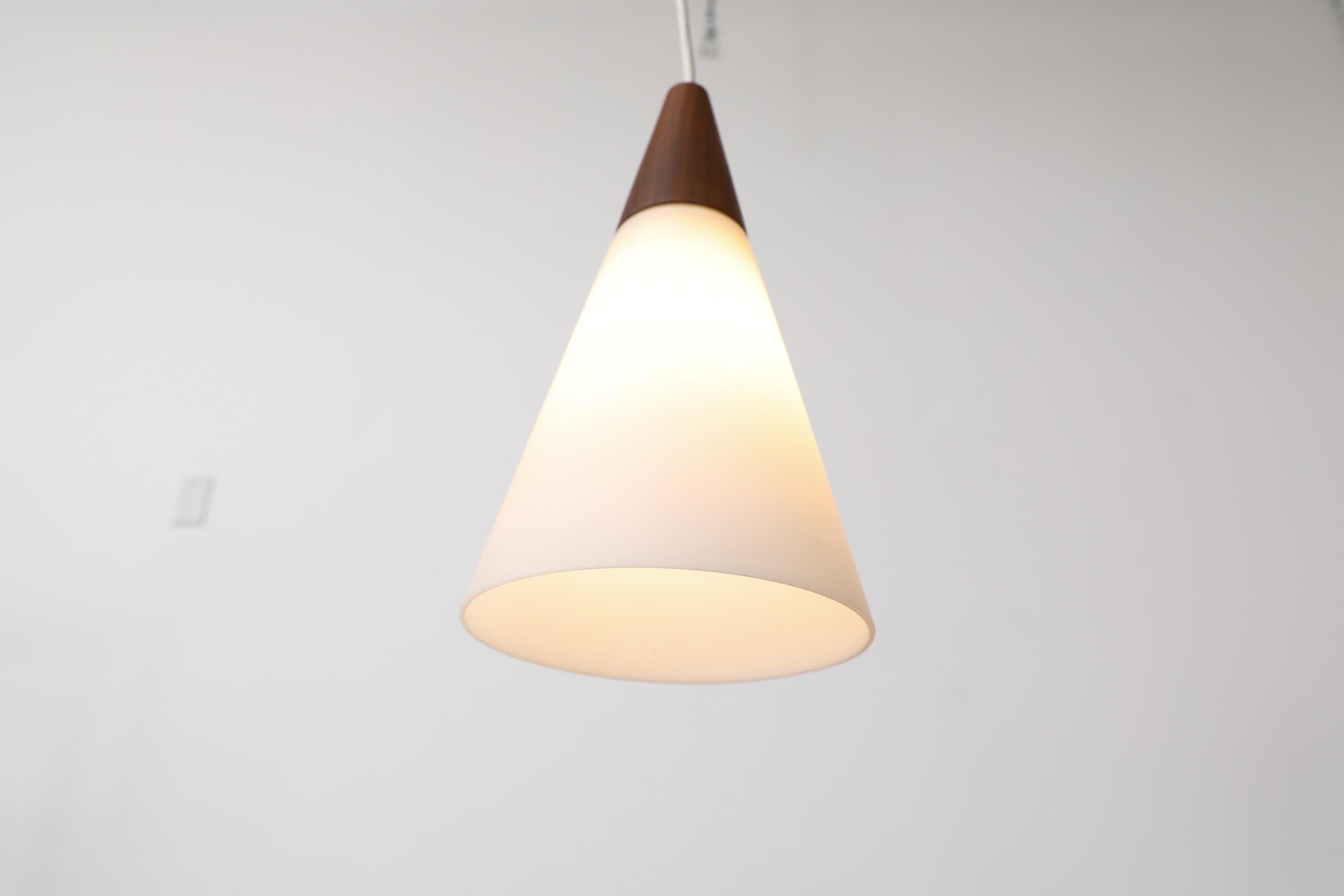Midcentury Danish Teak and Milk Glass Cone Pendant Light with Teak Canopy For Sale 3