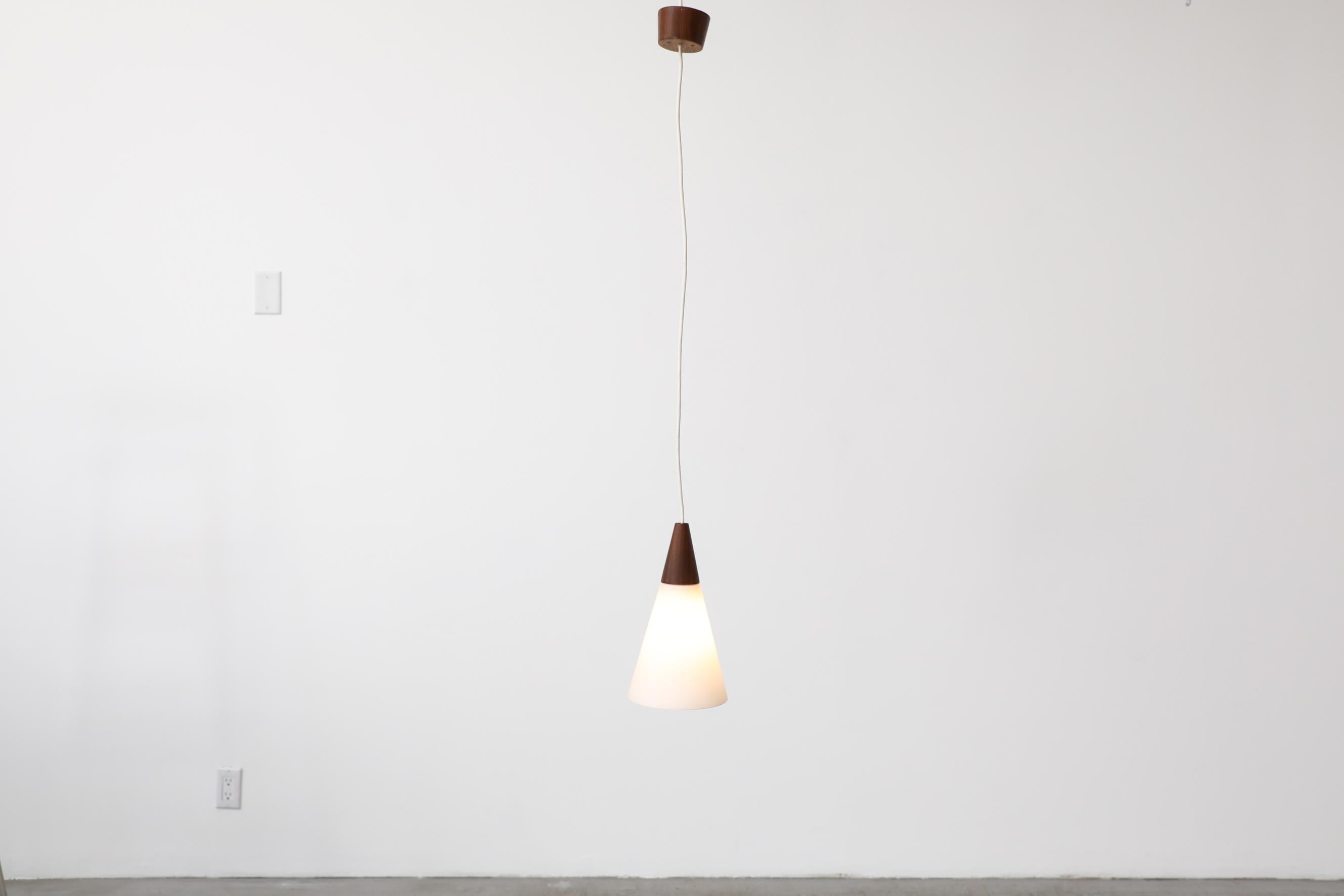 Midcentury Danish Teak and Milk Glass Cone Pendant Light with Teak Canopy For Sale 4