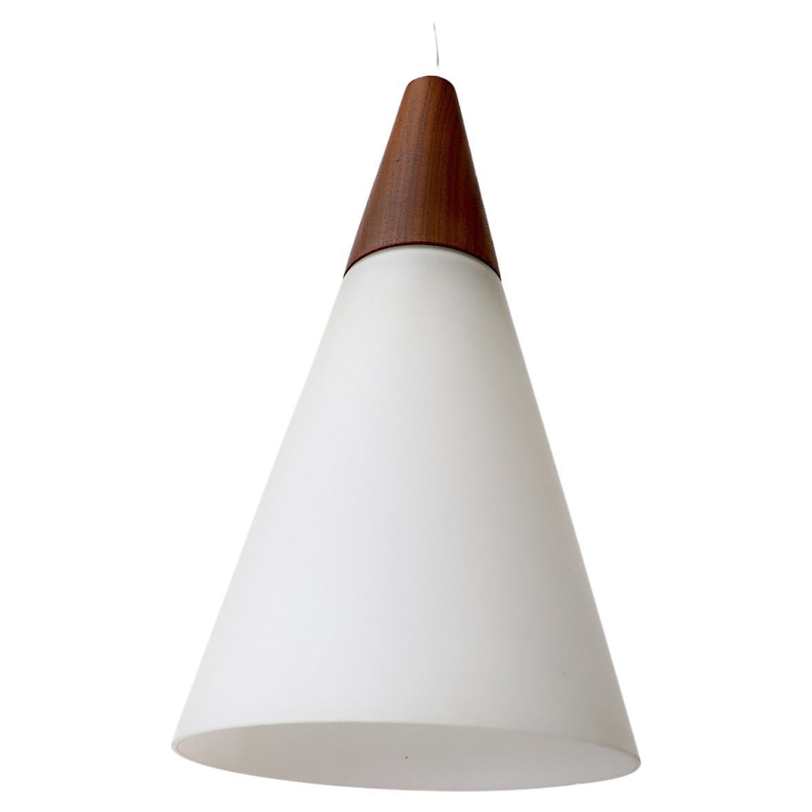 Midcentury Danish Teak and Milk Glass Cone Pendant Light