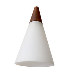 Midcentury Danish Teak and Milk Glass Cone Pendant Light