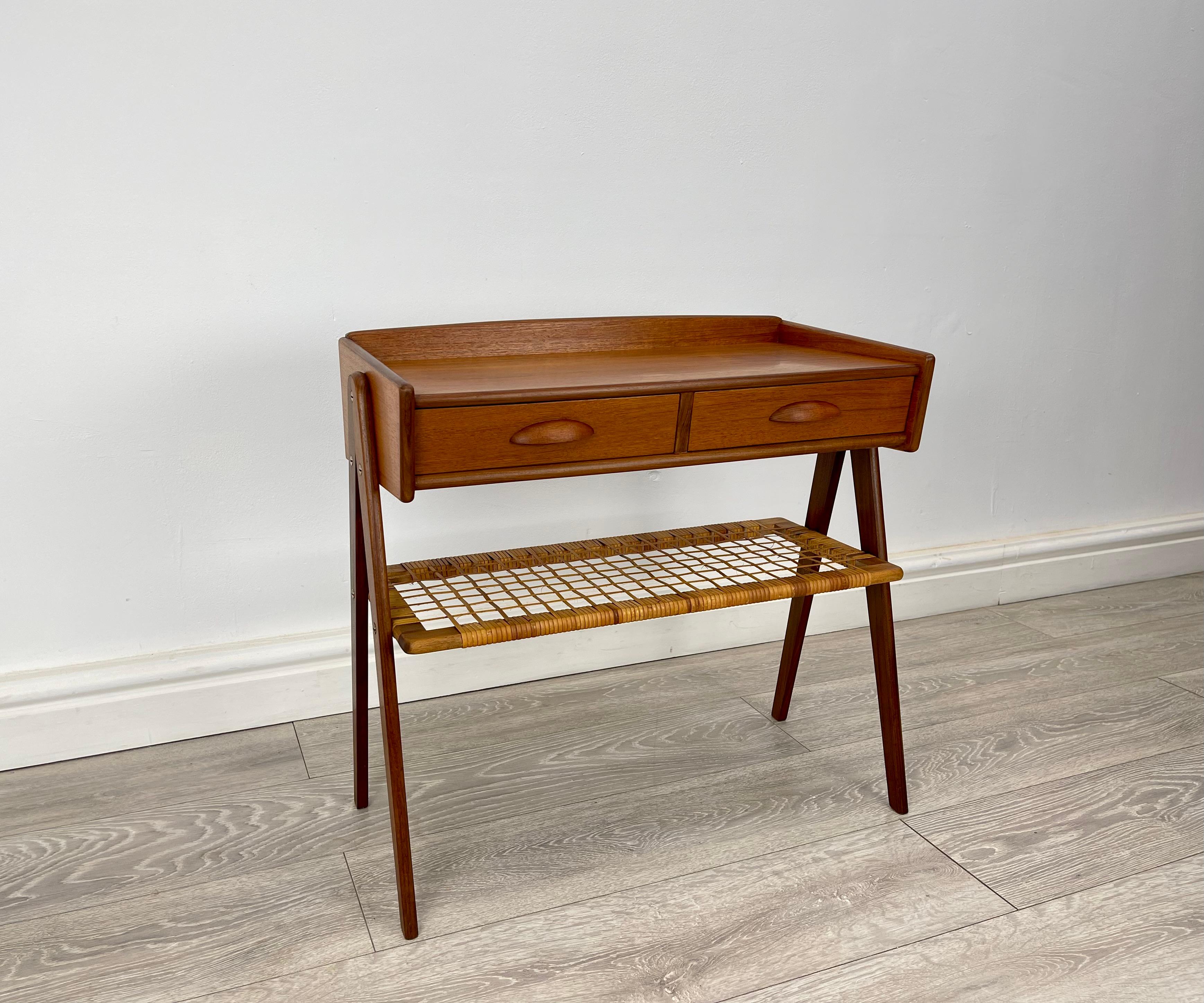 Lacquered Mid Century Danish Teak And Rattan Side Table  For Sale