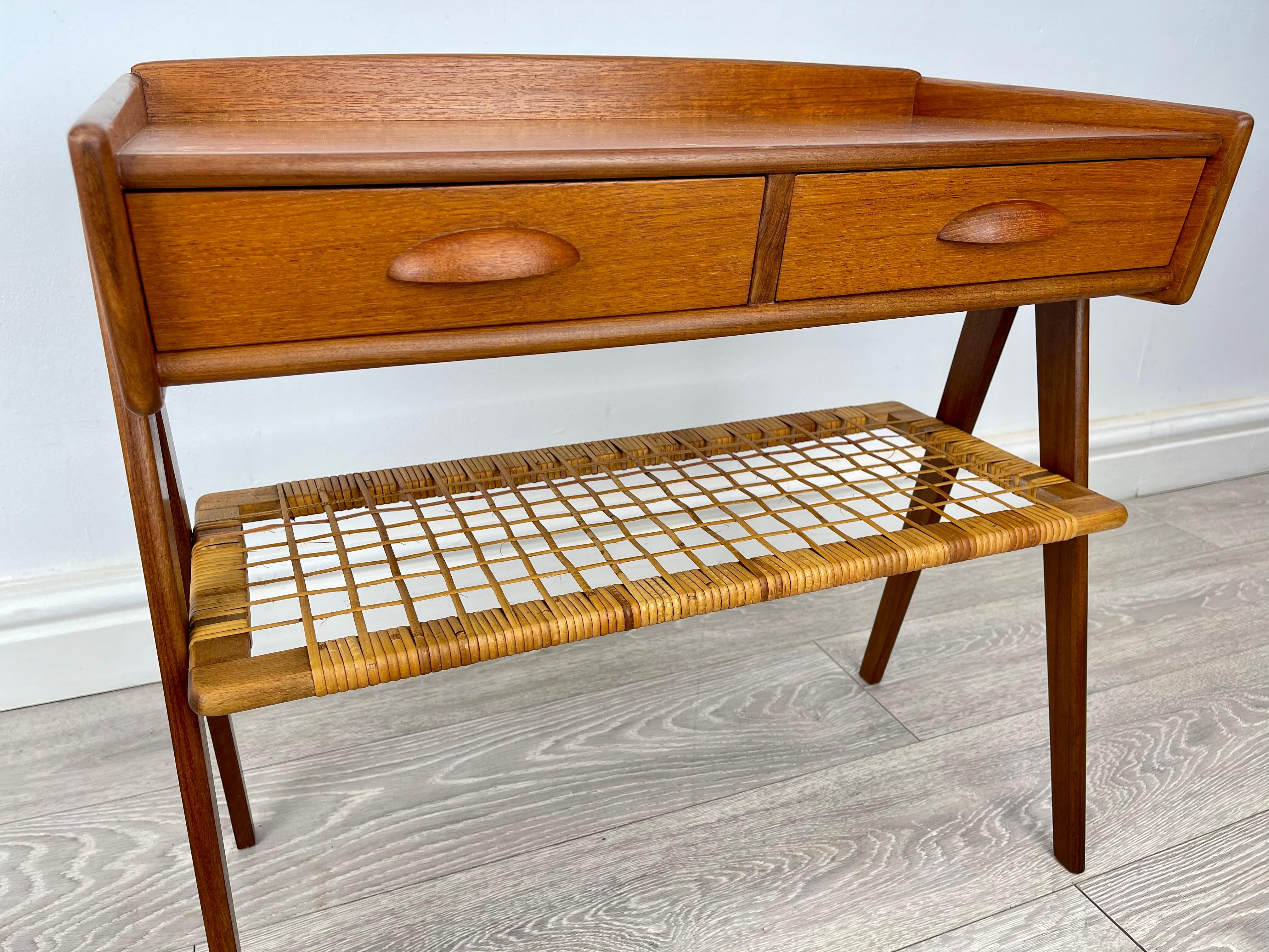 20th Century Mid Century Danish Teak And Rattan Side Table  For Sale