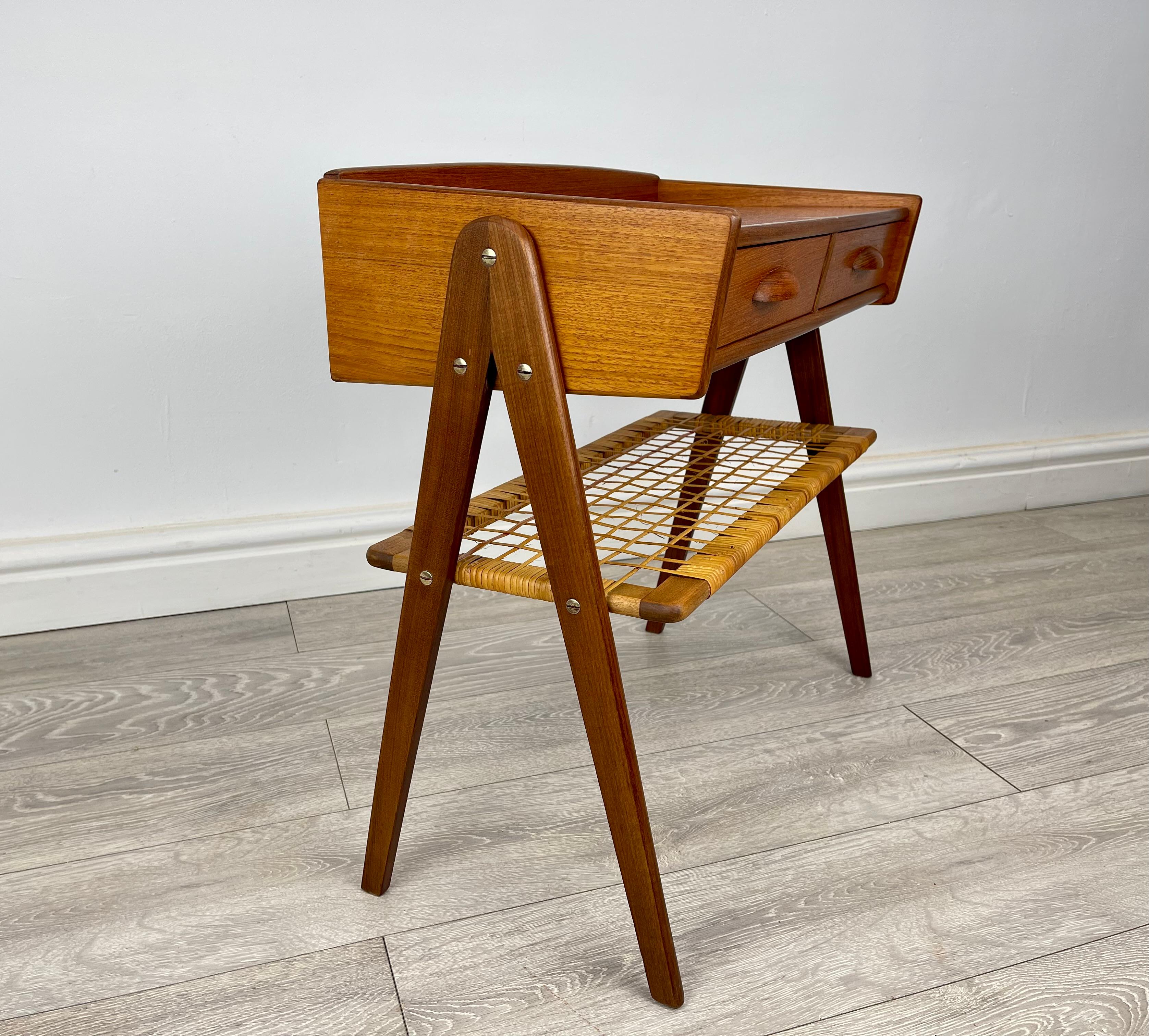Mid Century Danish Teak And Rattan Side Table  For Sale 1