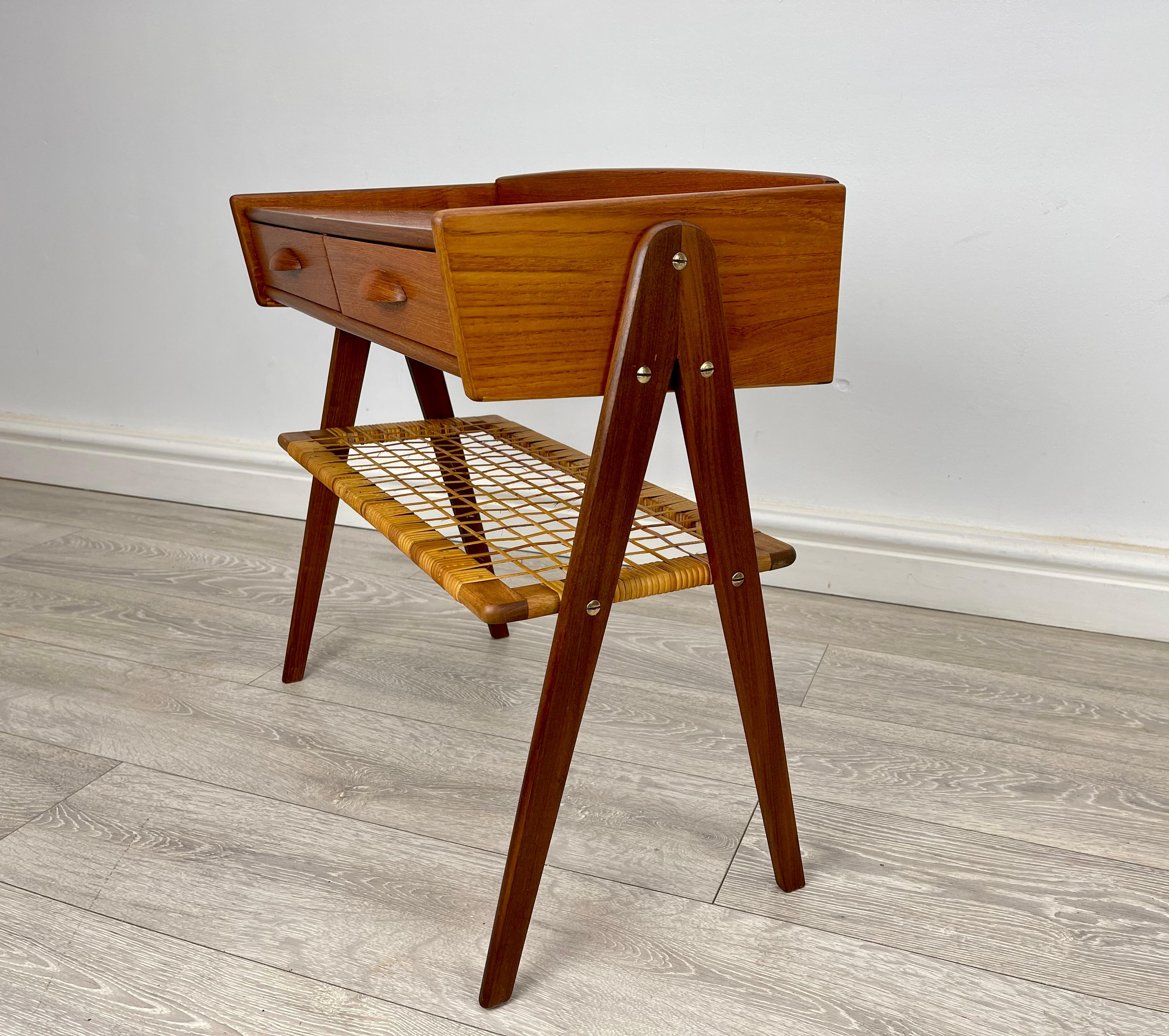 Mid Century Danish Teak And Rattan Side Table  For Sale 2
