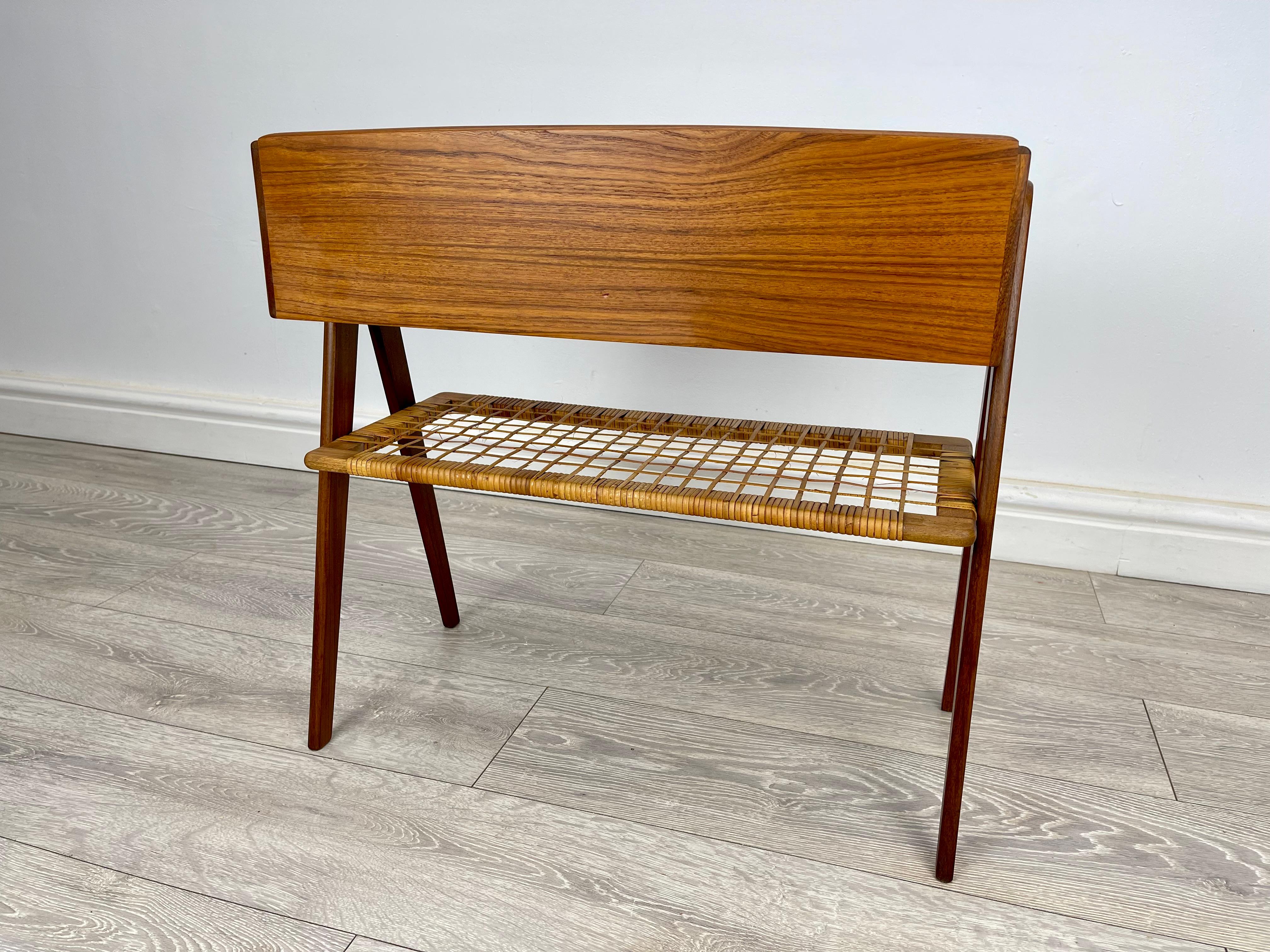 Mid Century Danish Teak And Rattan Side Table  For Sale 3