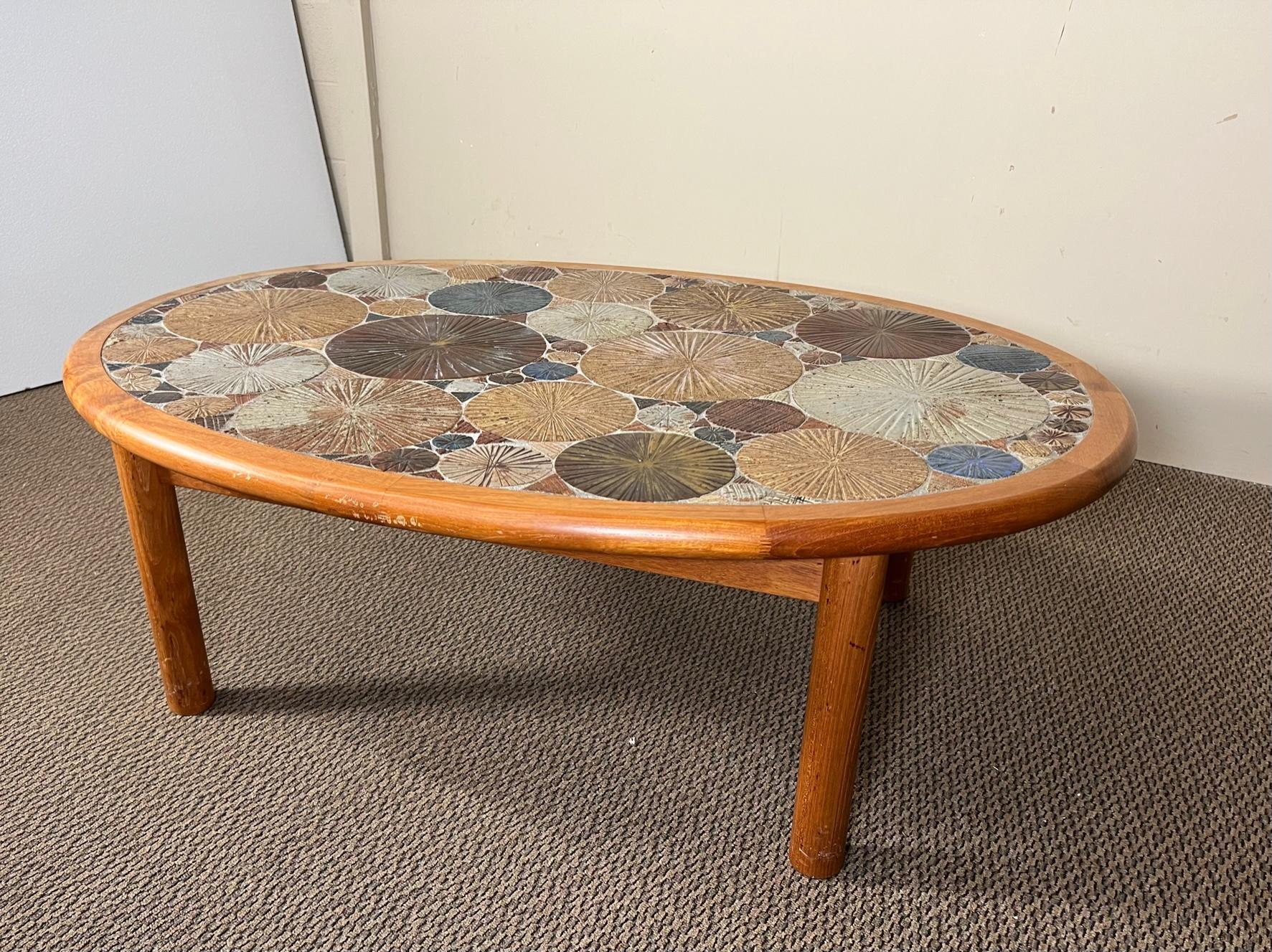 Stunning midcentury teak and tile coffee table. Hand made by Haslev. Made in Denmark. Original label underneath. Designed by Tue Poulsen.

Very nice condition overall. Some marks and stains on the teak frame. Some gouges on the
