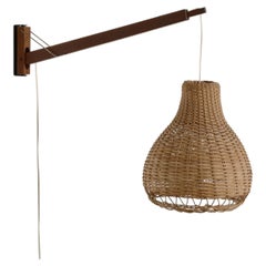 Mid-Century Danish Teak Articulating Wall Lamp with Rattan Shade