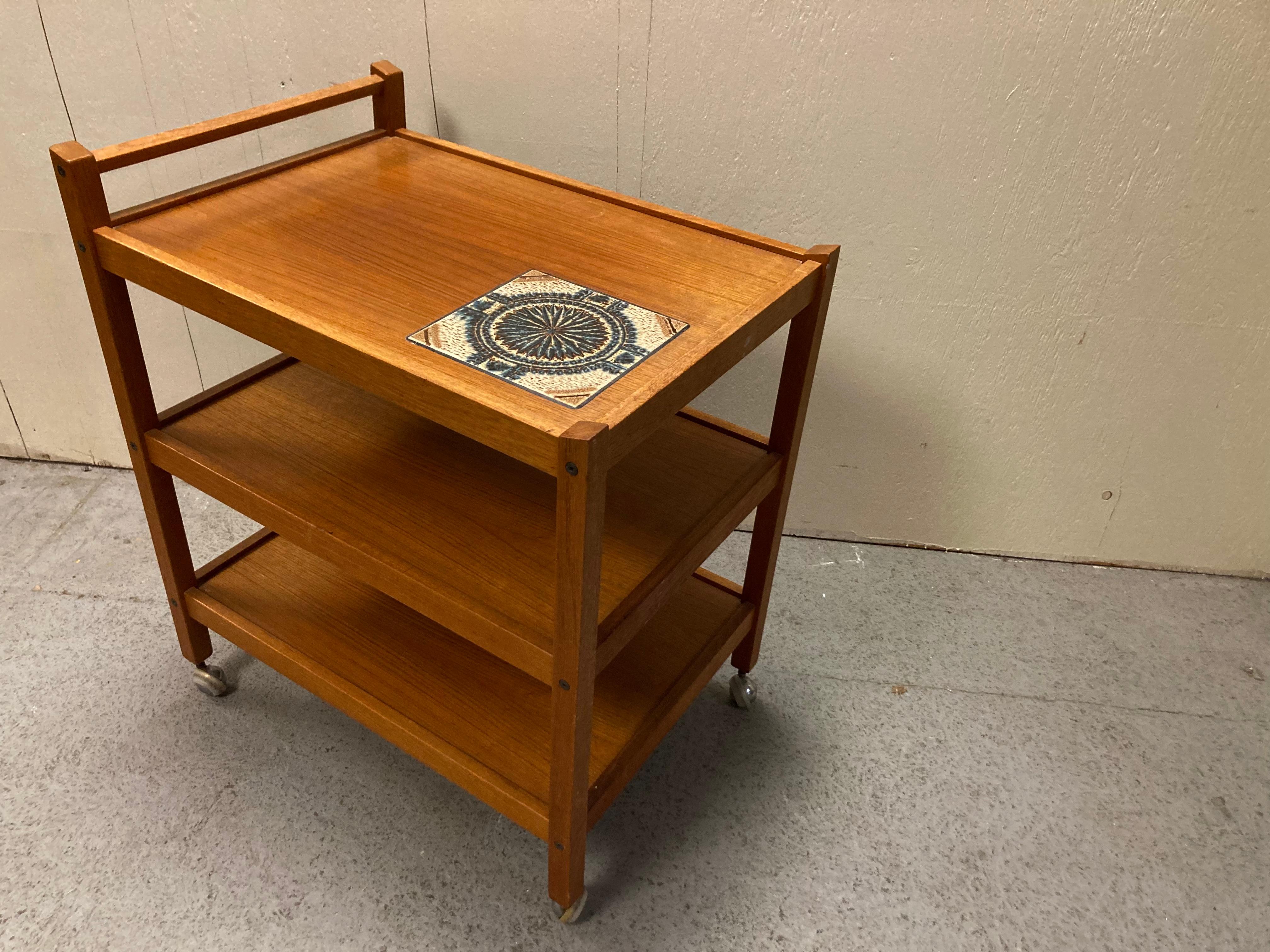 Mid-Century Modern Mid Century Danish Teak Bar Cart with Tile Insert