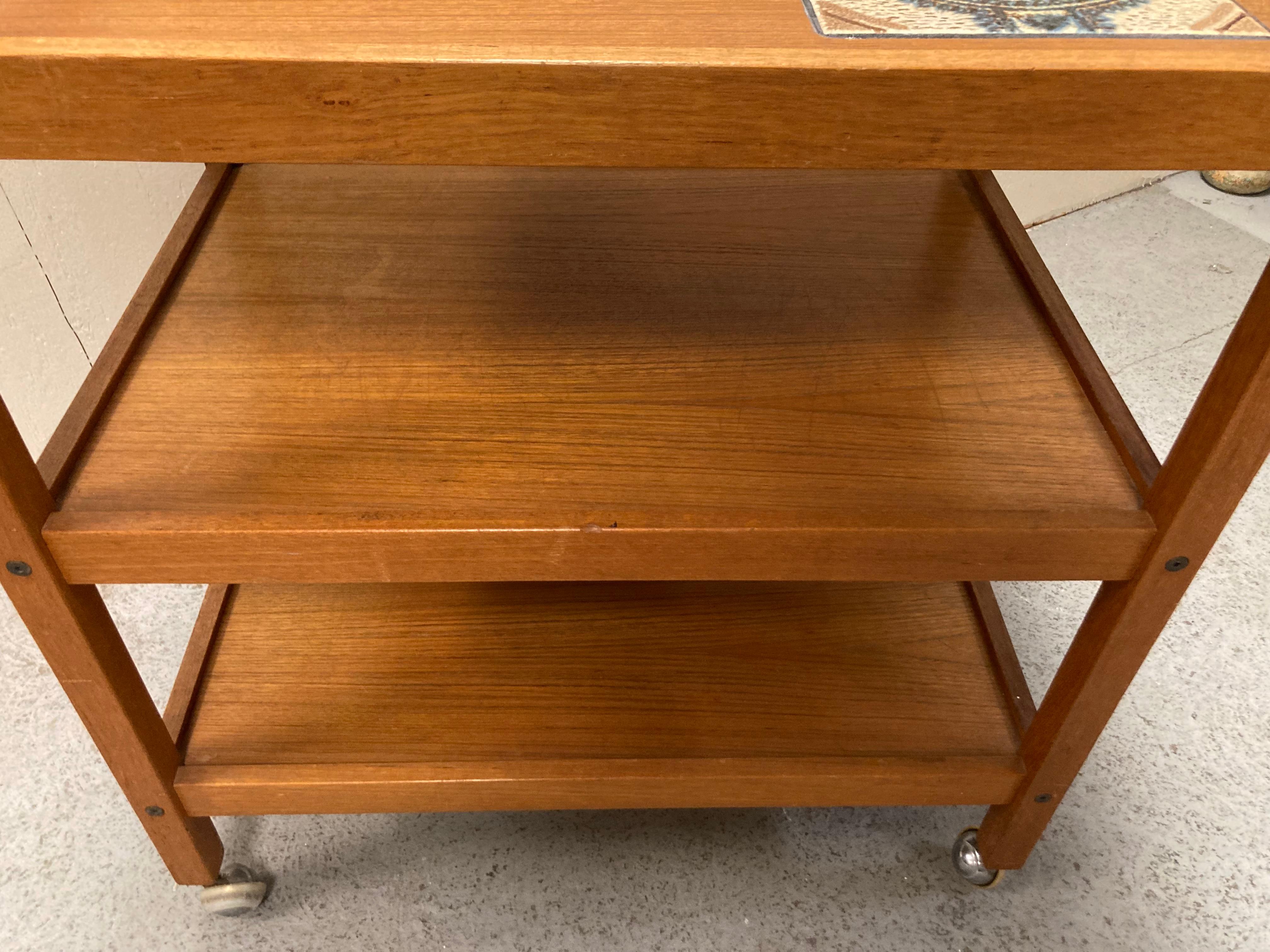 Veneer Mid Century Danish Teak Bar Cart with Tile Insert
