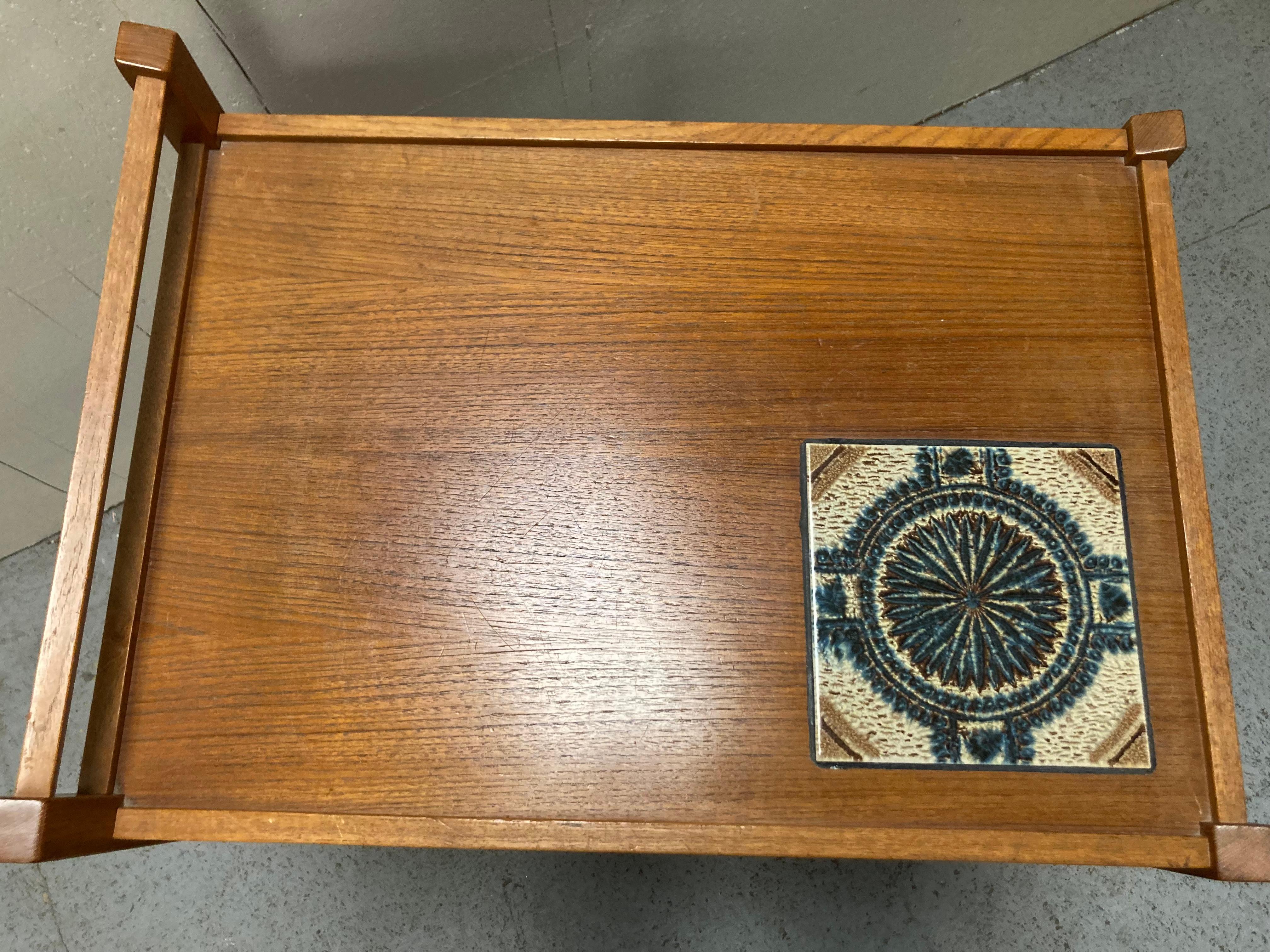 Mid Century Danish Teak Bar Cart with Tile Insert In Fair Condition In Bridgeport, CT