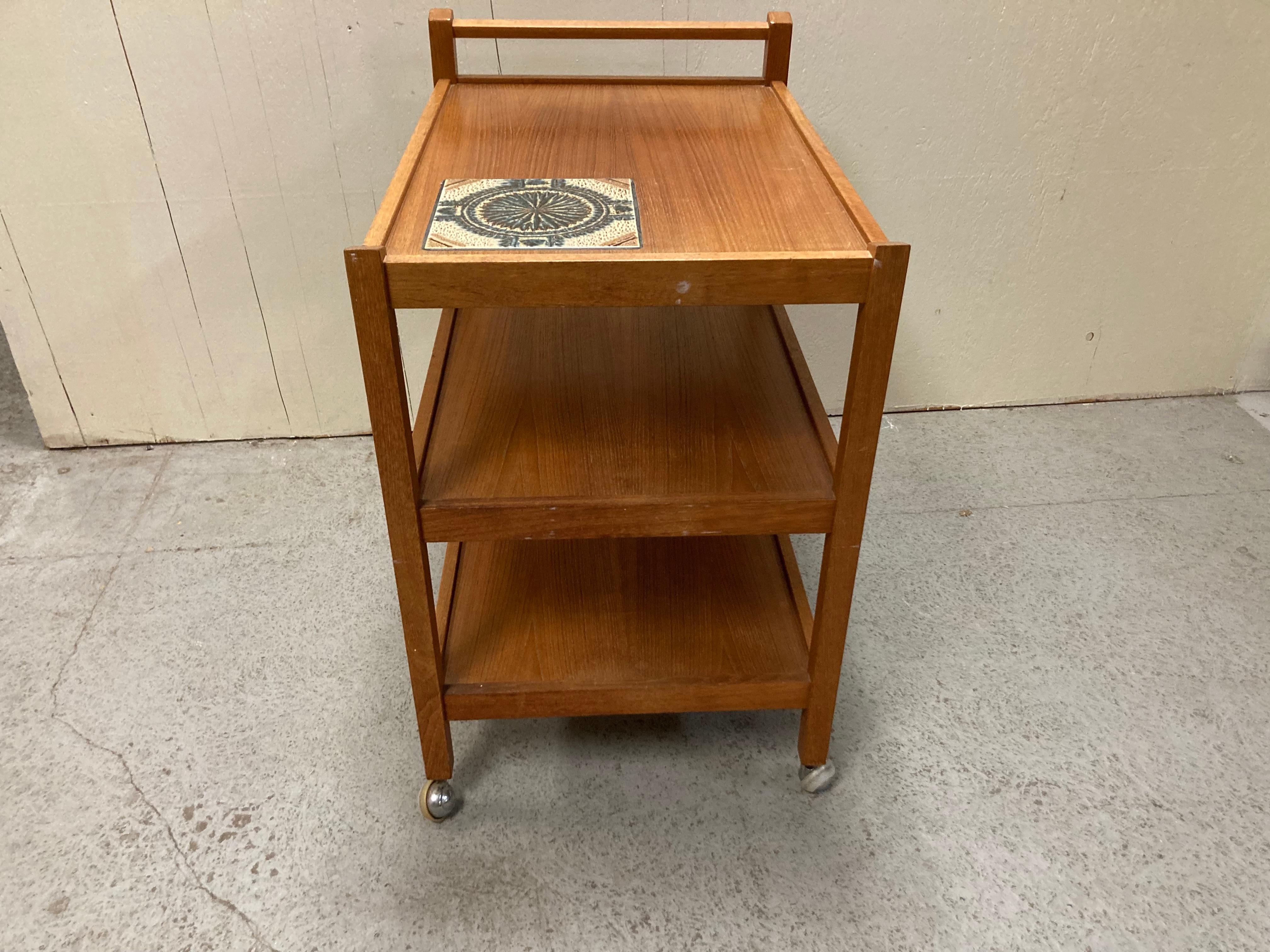Ceramic Mid Century Danish Teak Bar Cart with Tile Insert